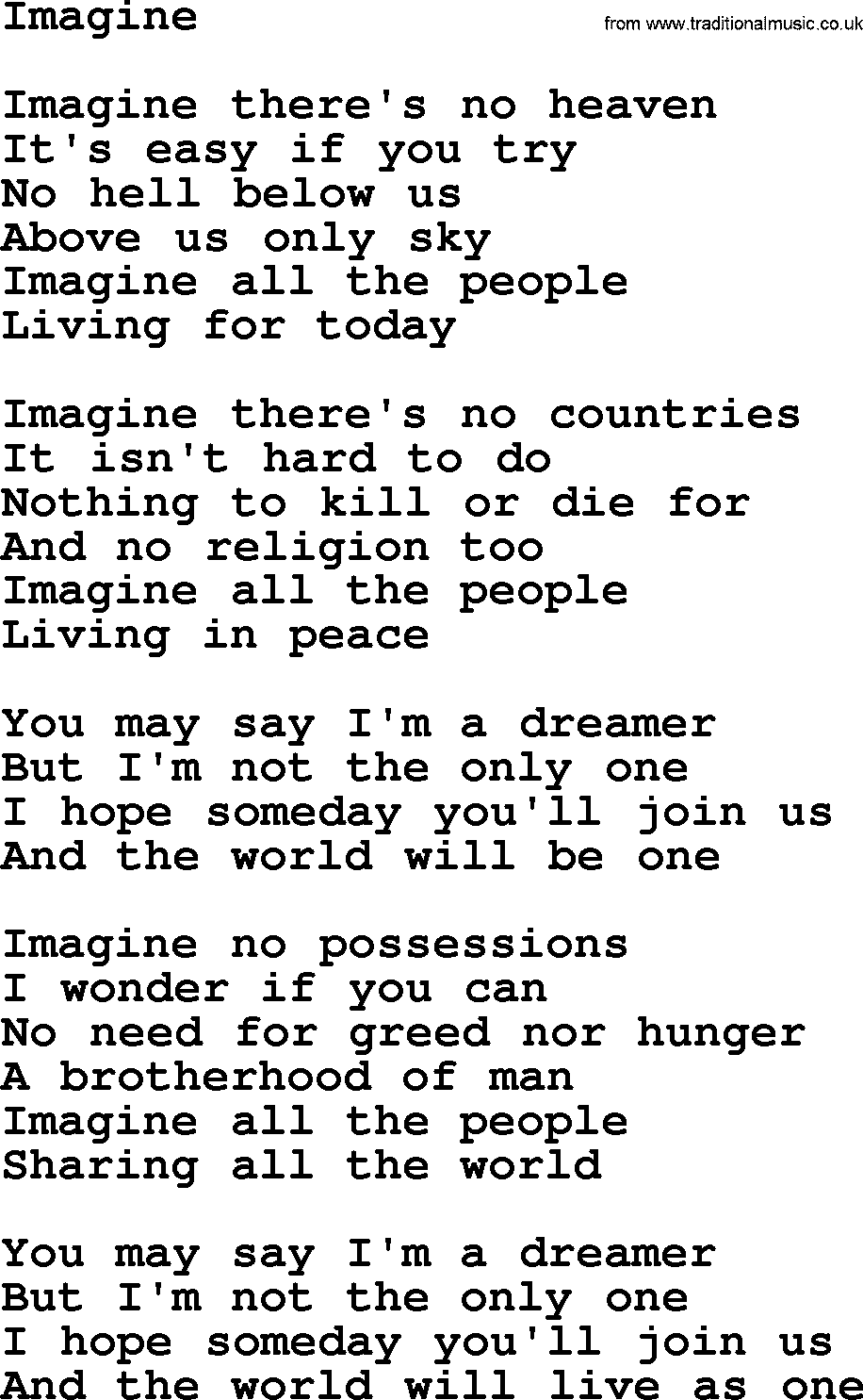 Joan Baez song Imagine, lyrics