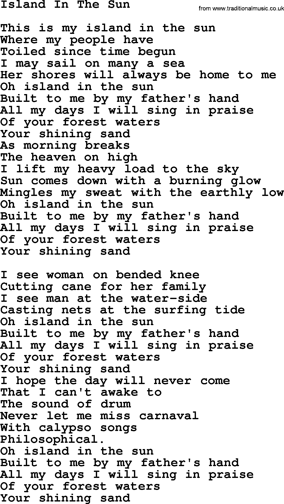Joan Baez song Island In The Sun, lyrics
