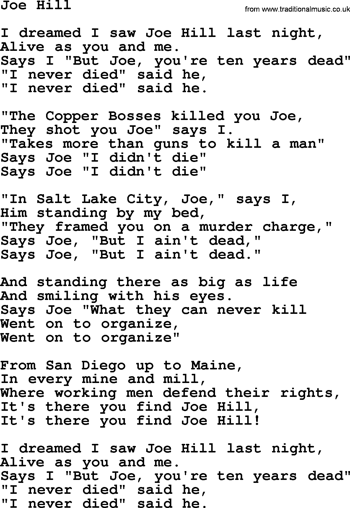 Joan Baez song Joe Hill, lyrics