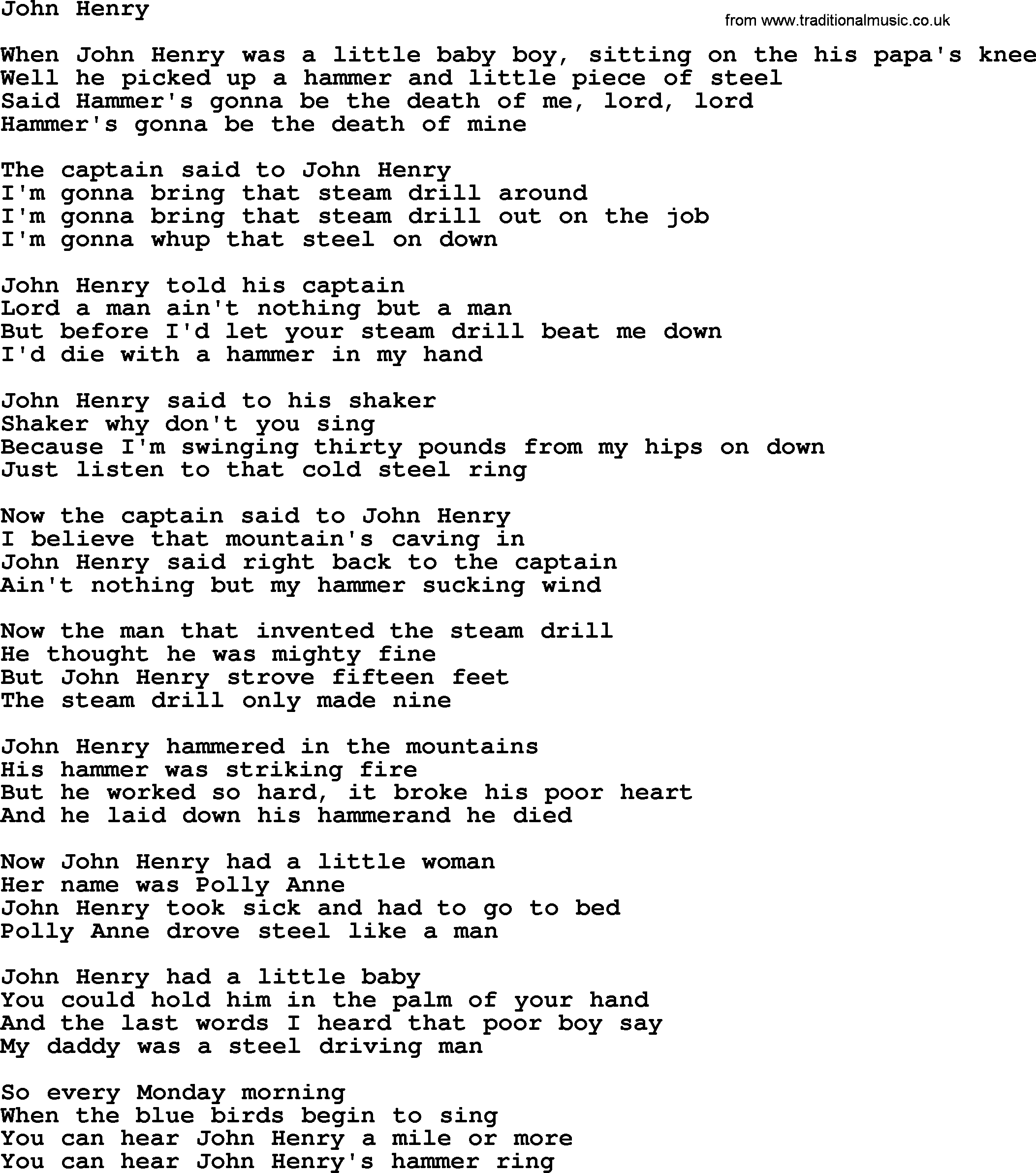Joan Baez song John Henry, lyrics