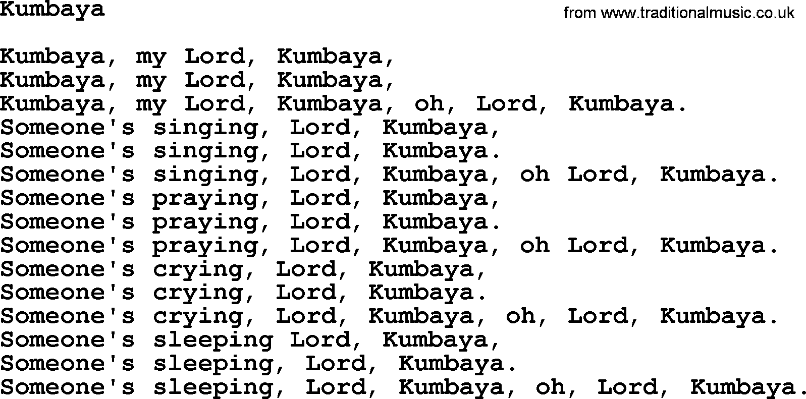 Joan Baez song Kumbaya, lyrics