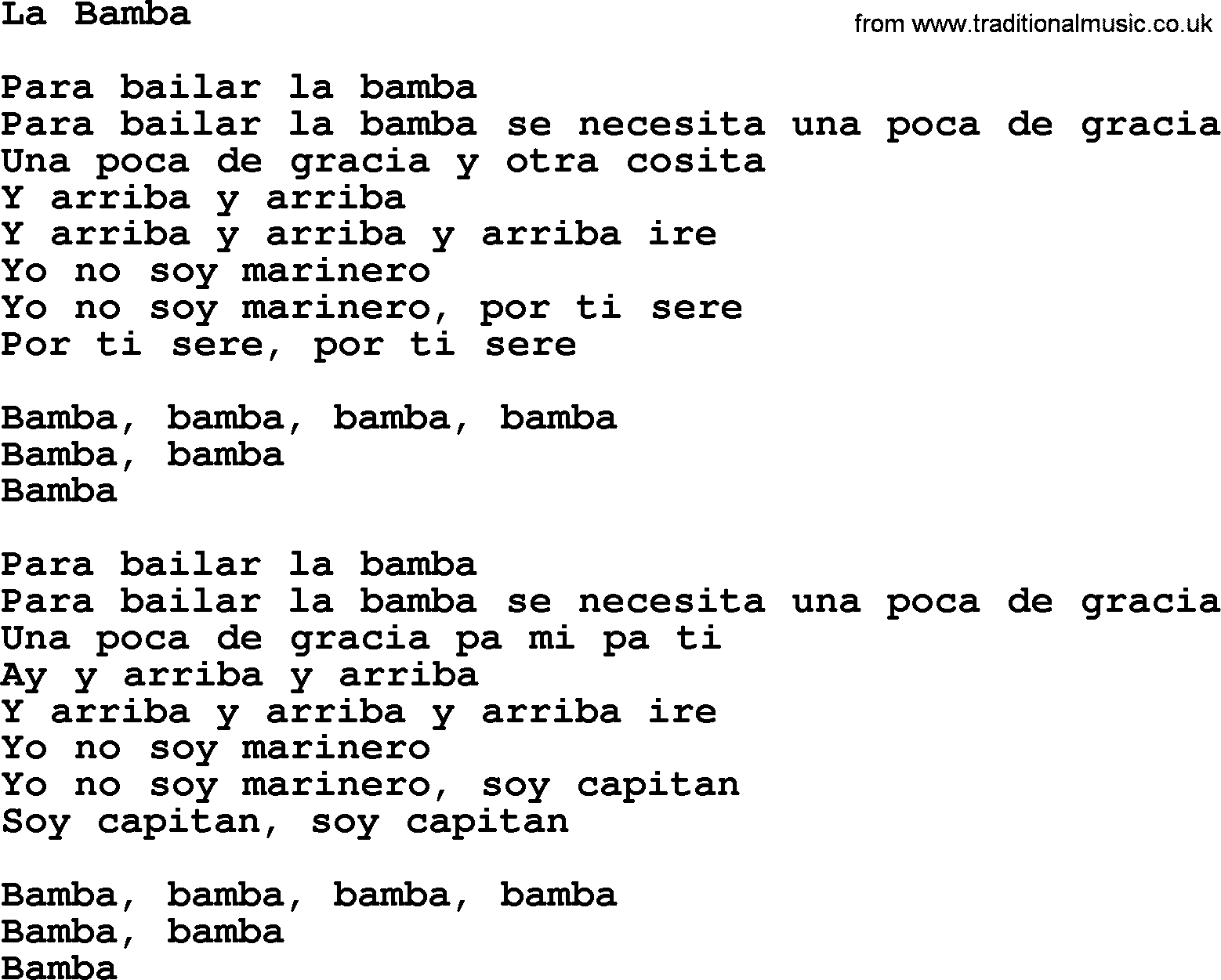 Joan Baez song La Bamba, lyrics