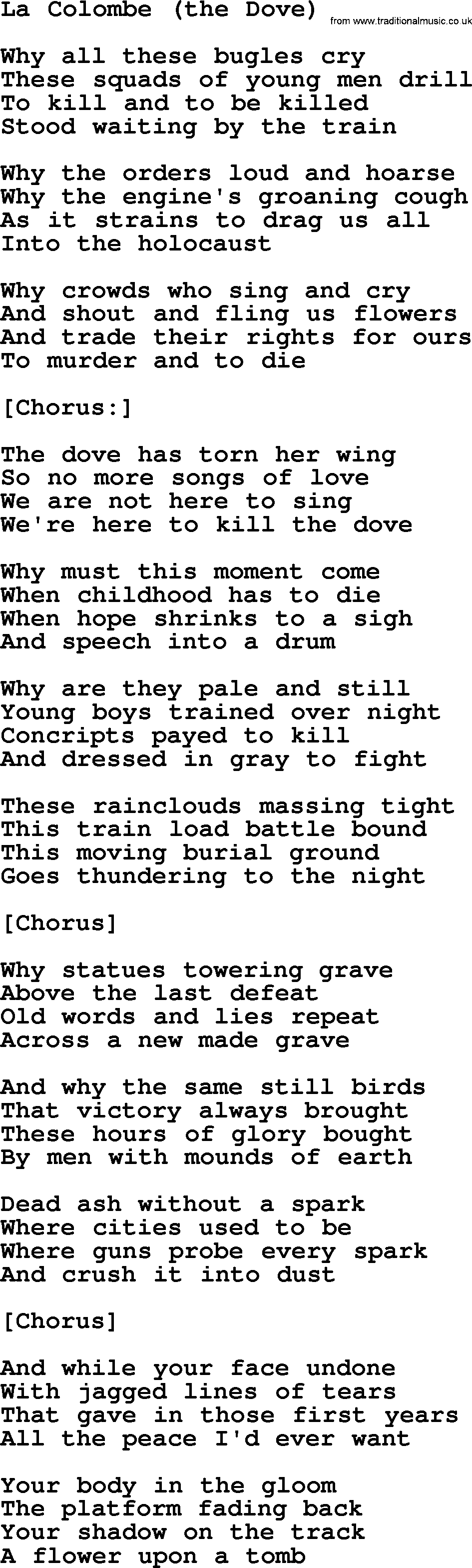 Joan Baez song La Colombe(The Dove), lyrics