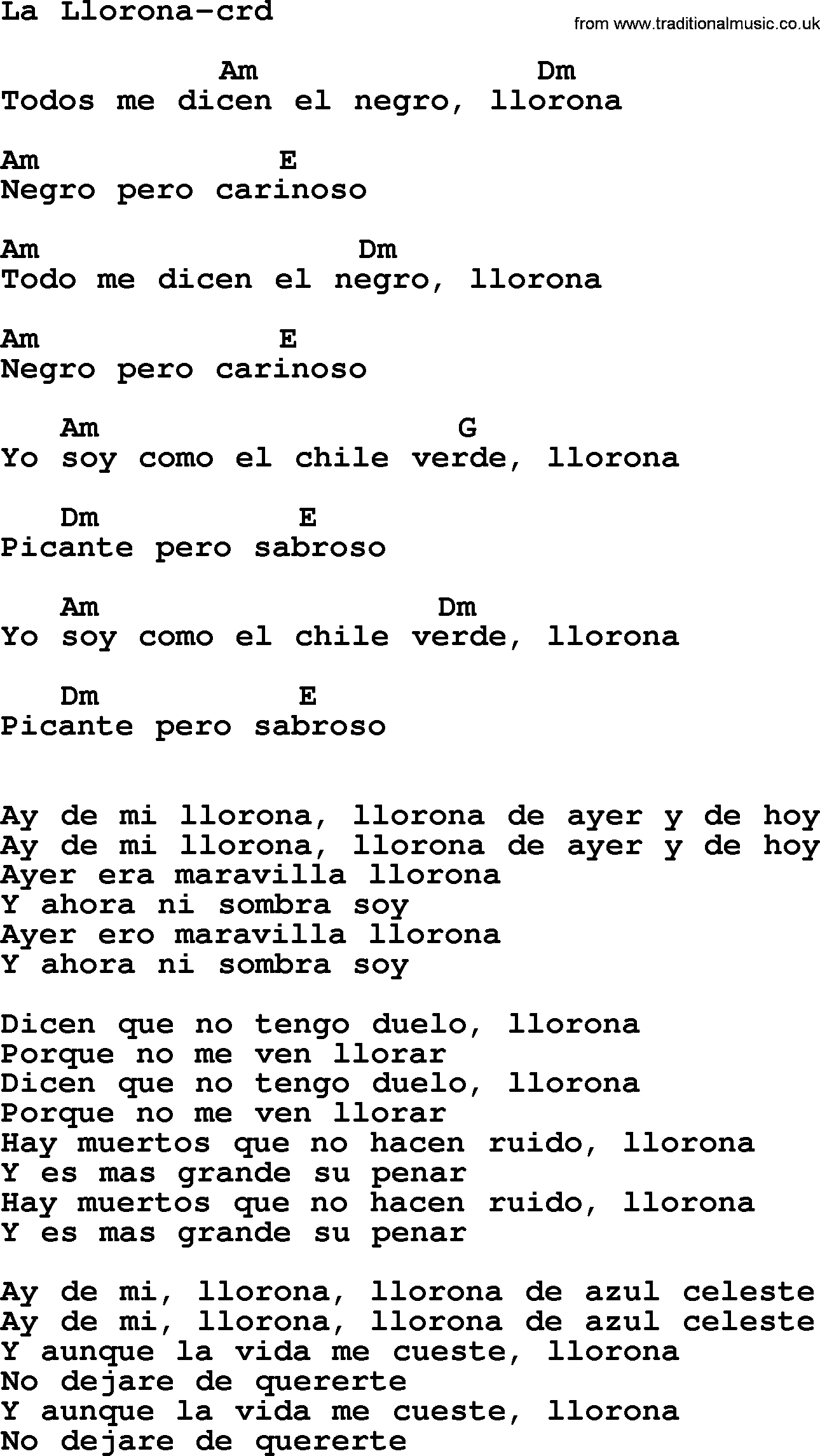 Joan Baez song La Llorona lyrics and chords