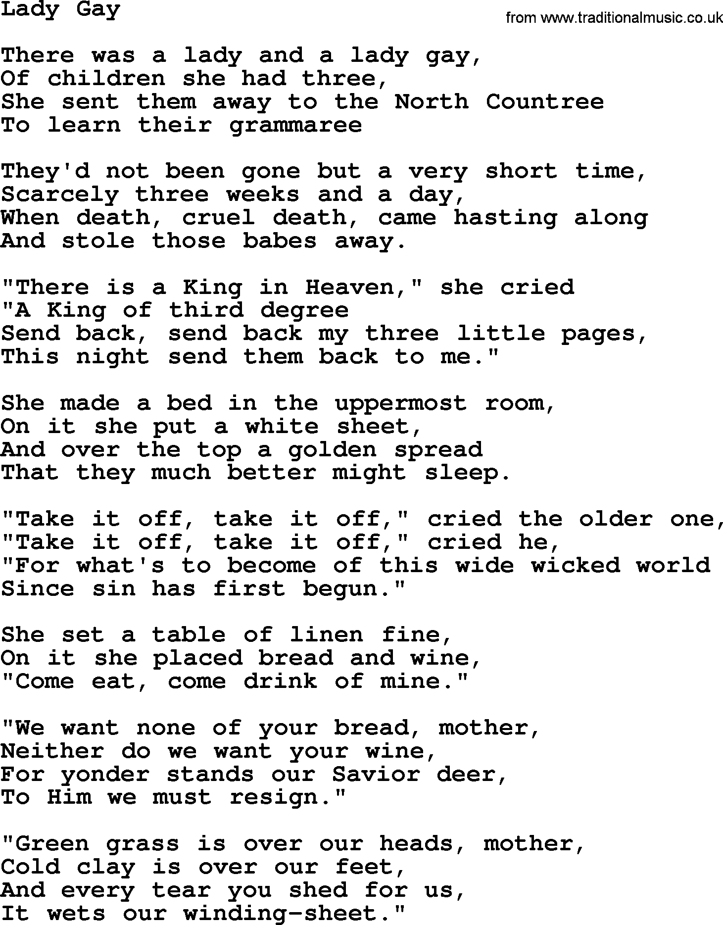 Joan Baez song Lady Gay, lyrics
