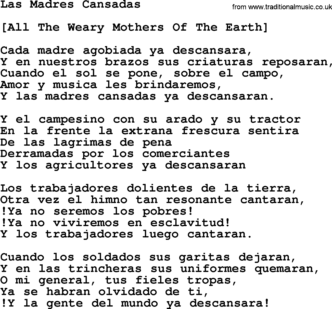 Joan Baez song Las Madres Cansadas, lyrics