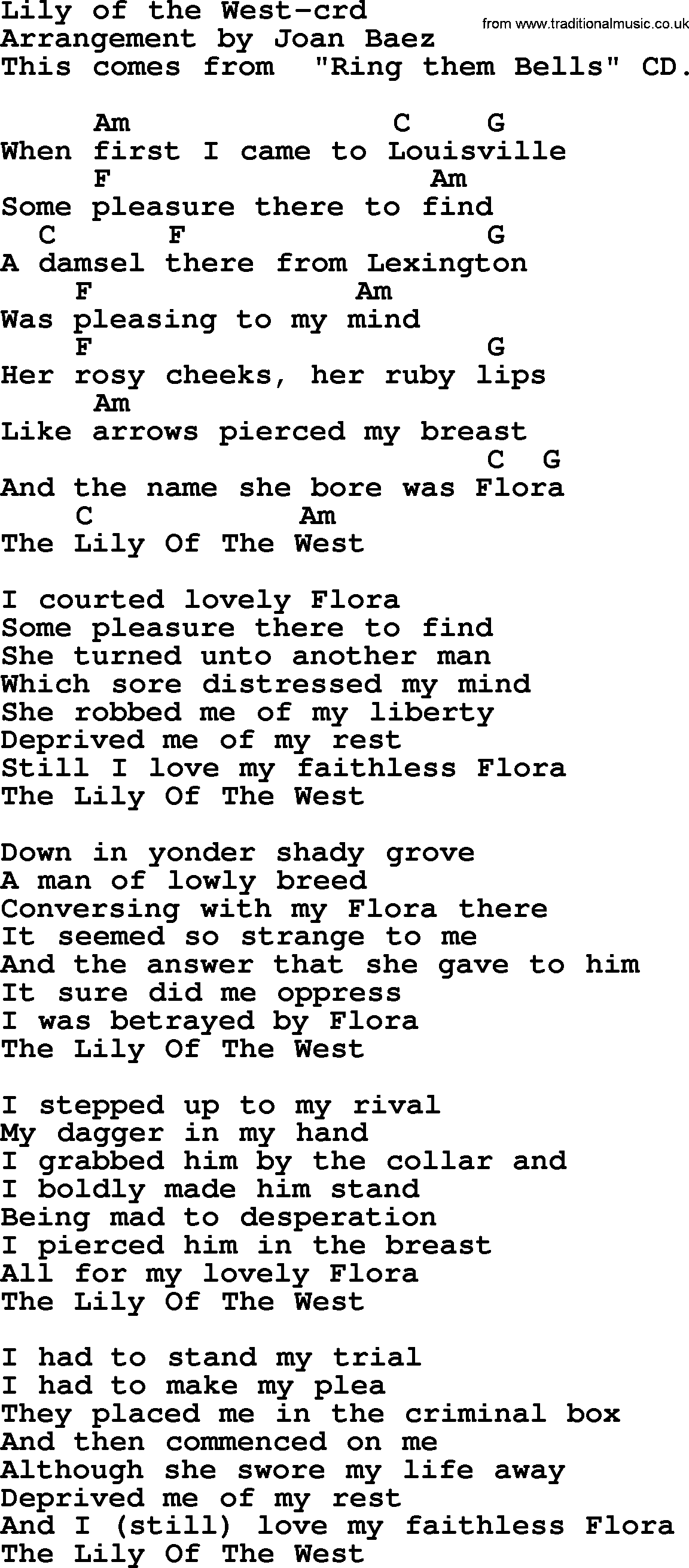 Joan Baez song Lily Of The West lyrics and chords
