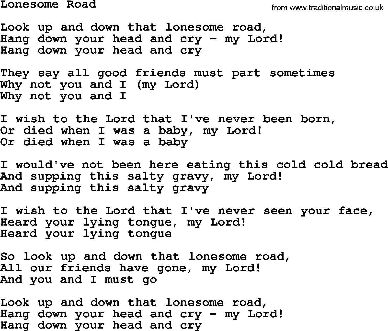 Joan Baez song Lonesome Road, lyrics