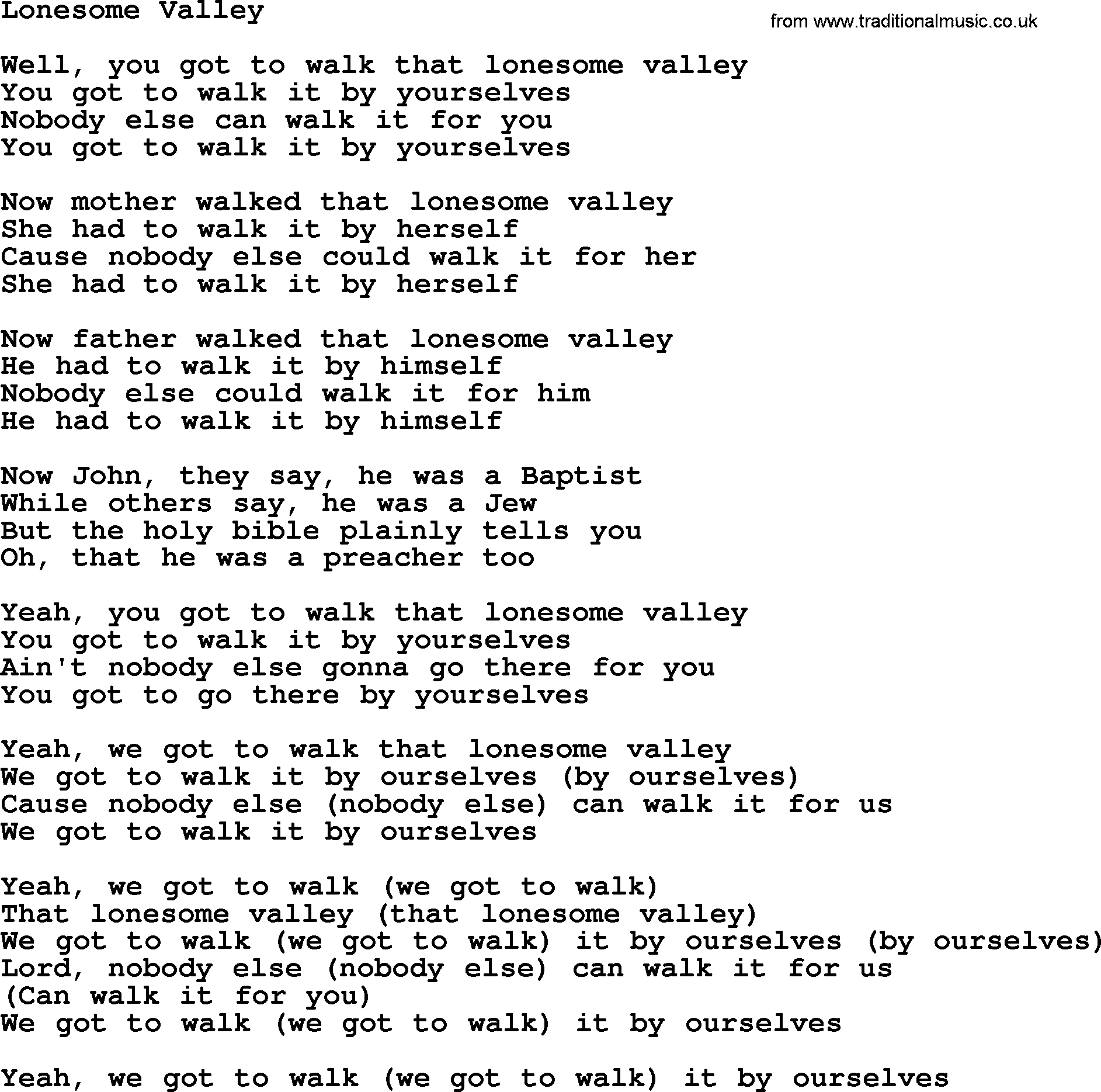 Joan Baez song Lonesome Valley, lyrics