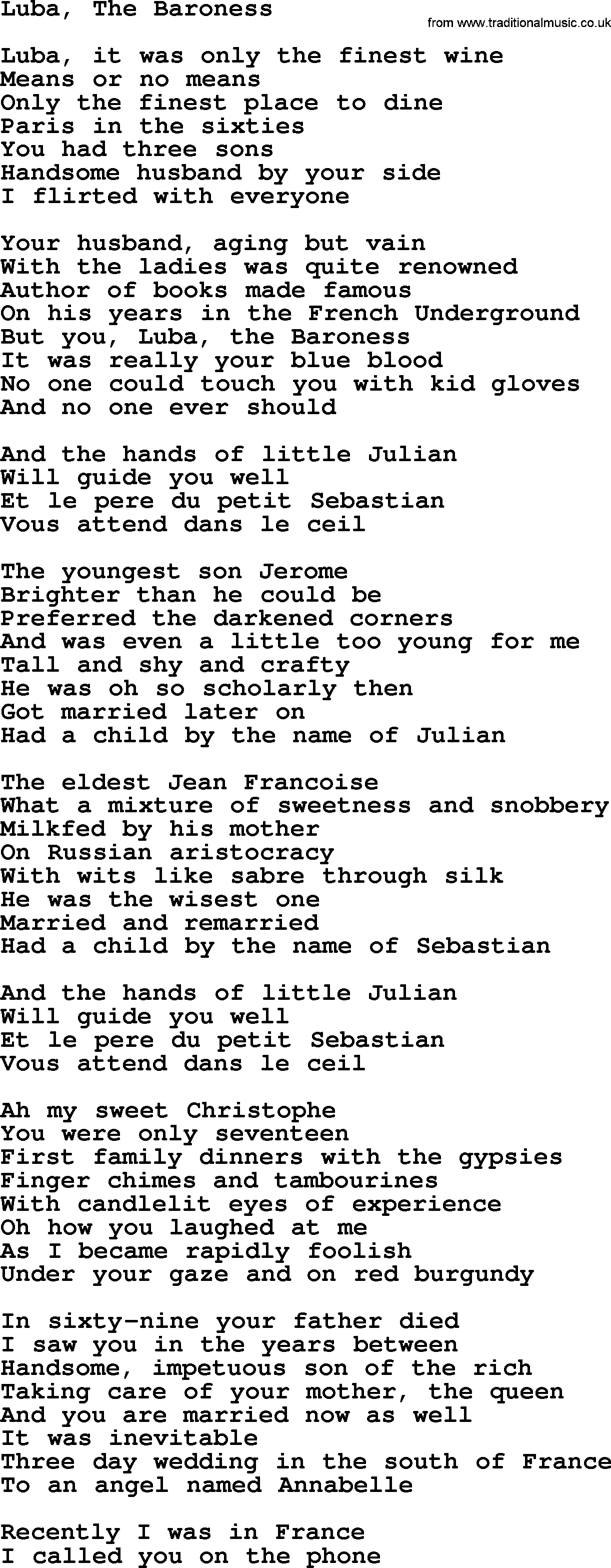 Joan Baez song Luba, The Baroness, lyrics