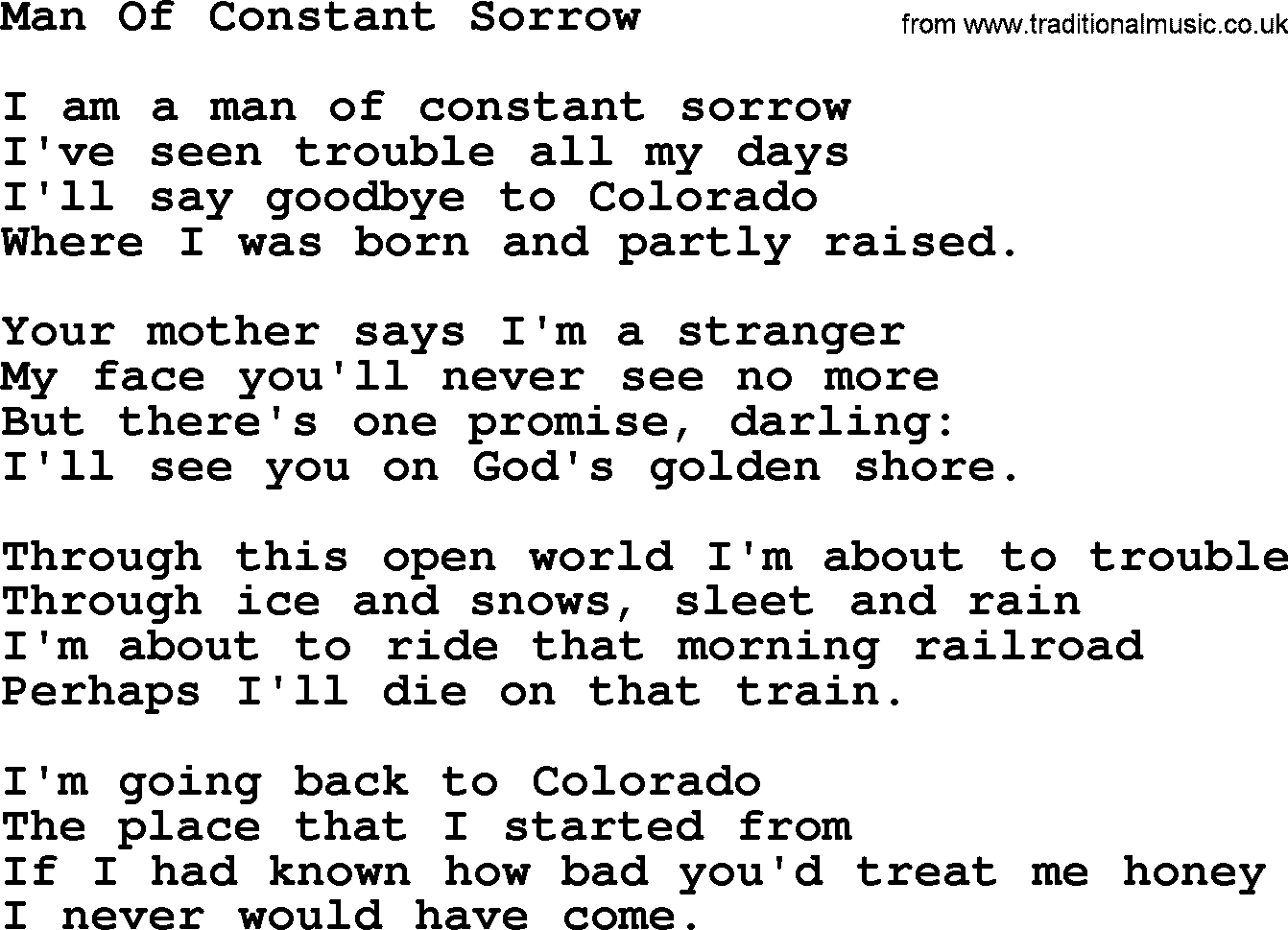 Joan Baez song Man Of Constant Sorrow, lyrics