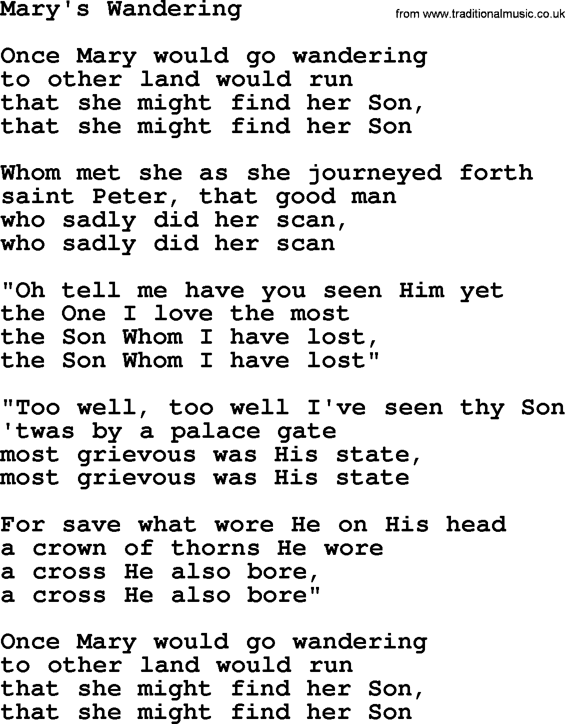 Joan Baez song Mary's Wandering, lyrics