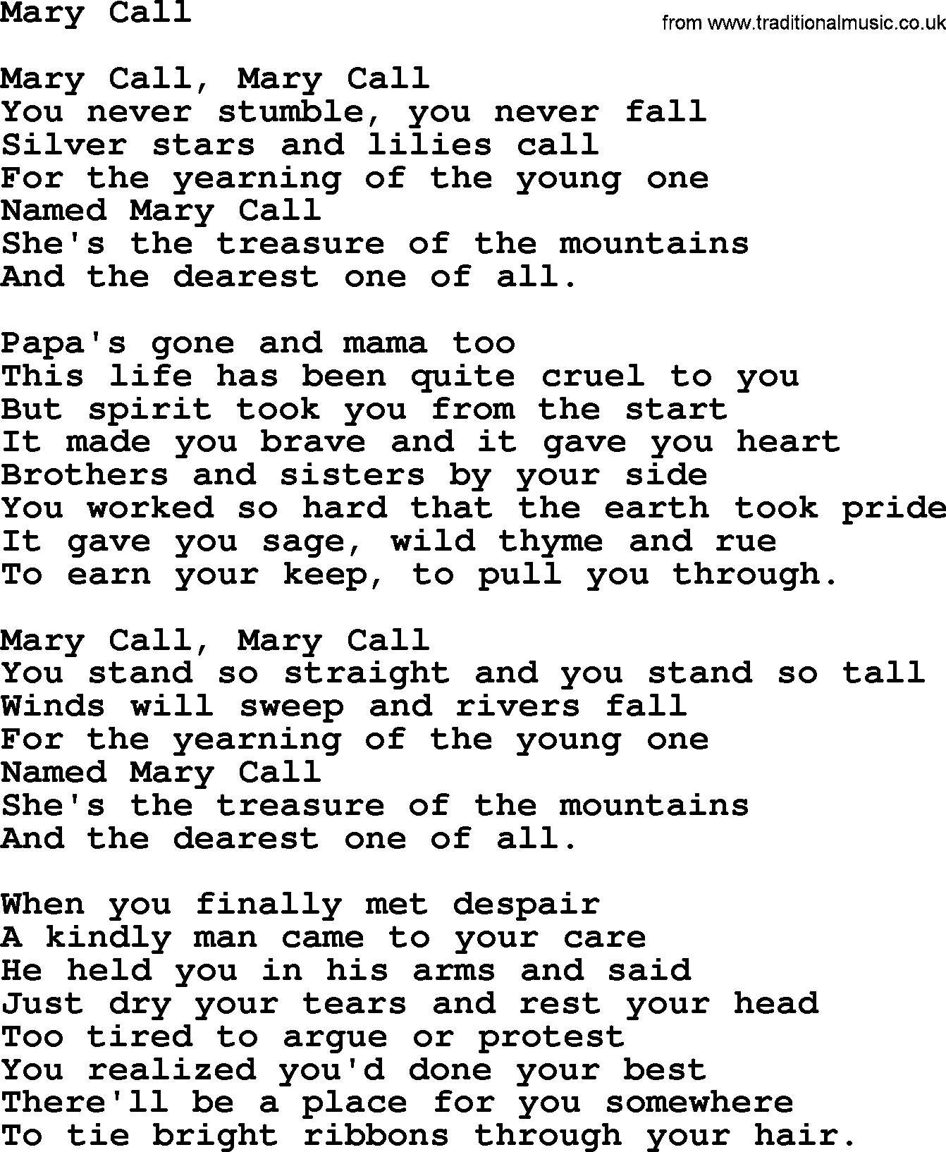 Joan Baez song Mary Call, lyrics