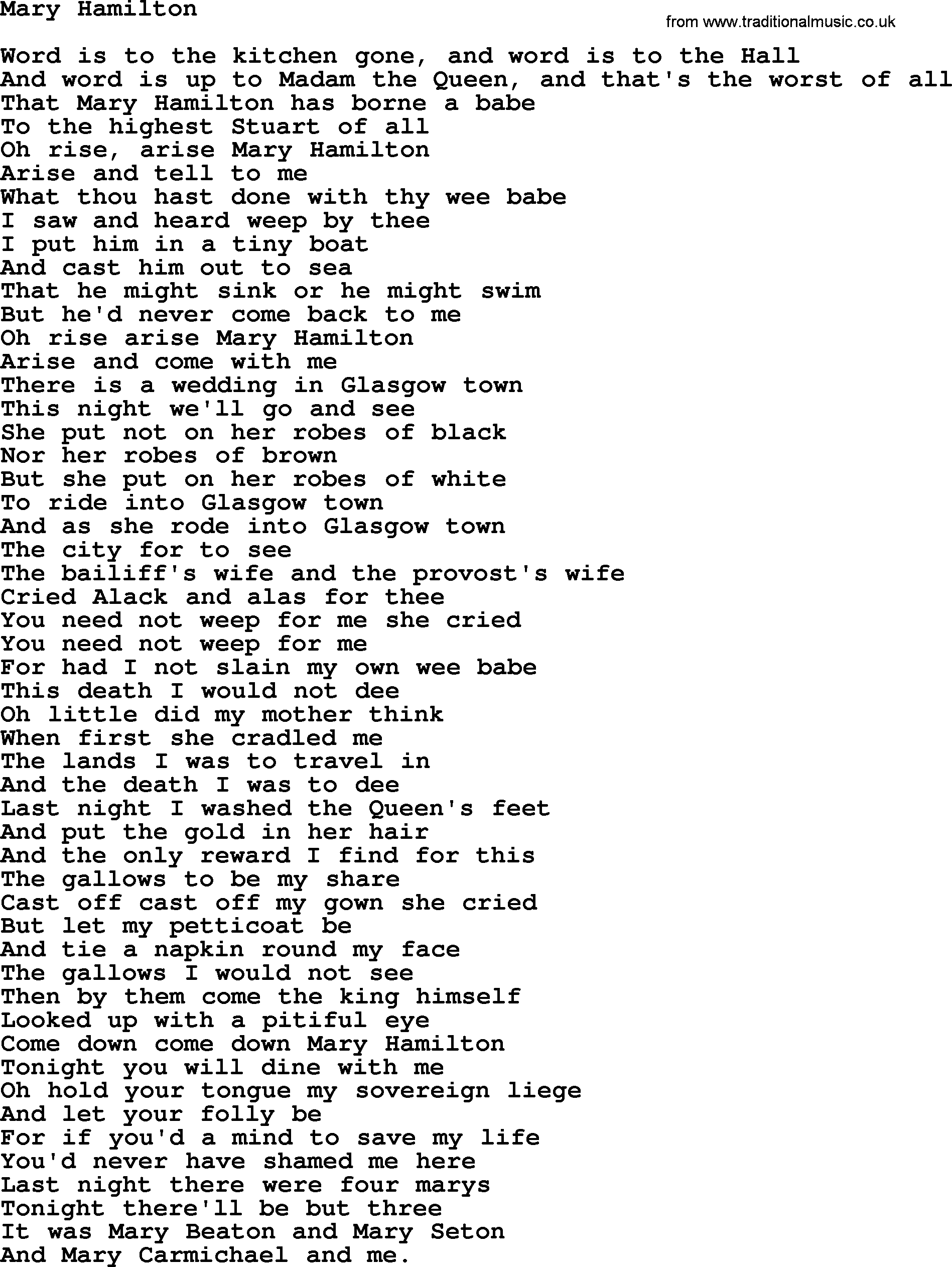 Joan Baez song Mary Hamilton, lyrics