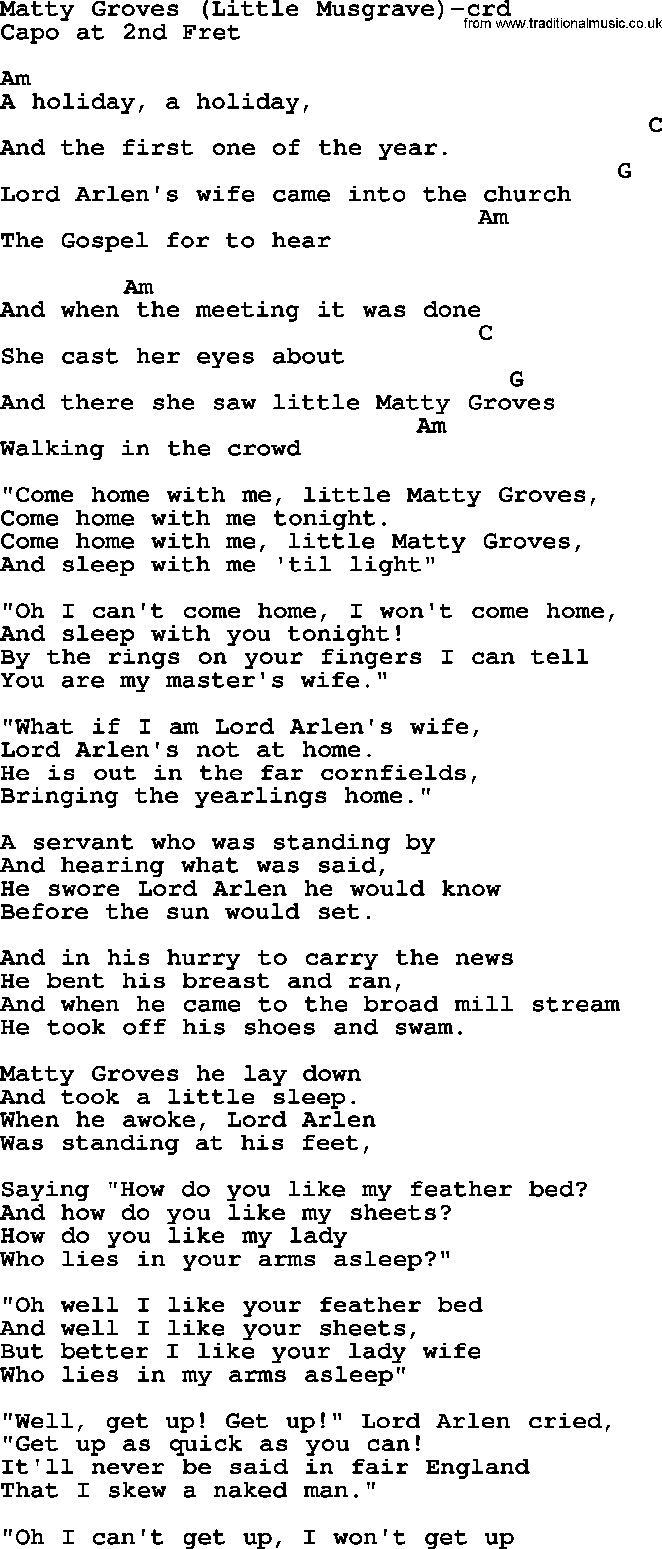Joan Baez song Matty Groves  Little Musgrave lyrics and chords