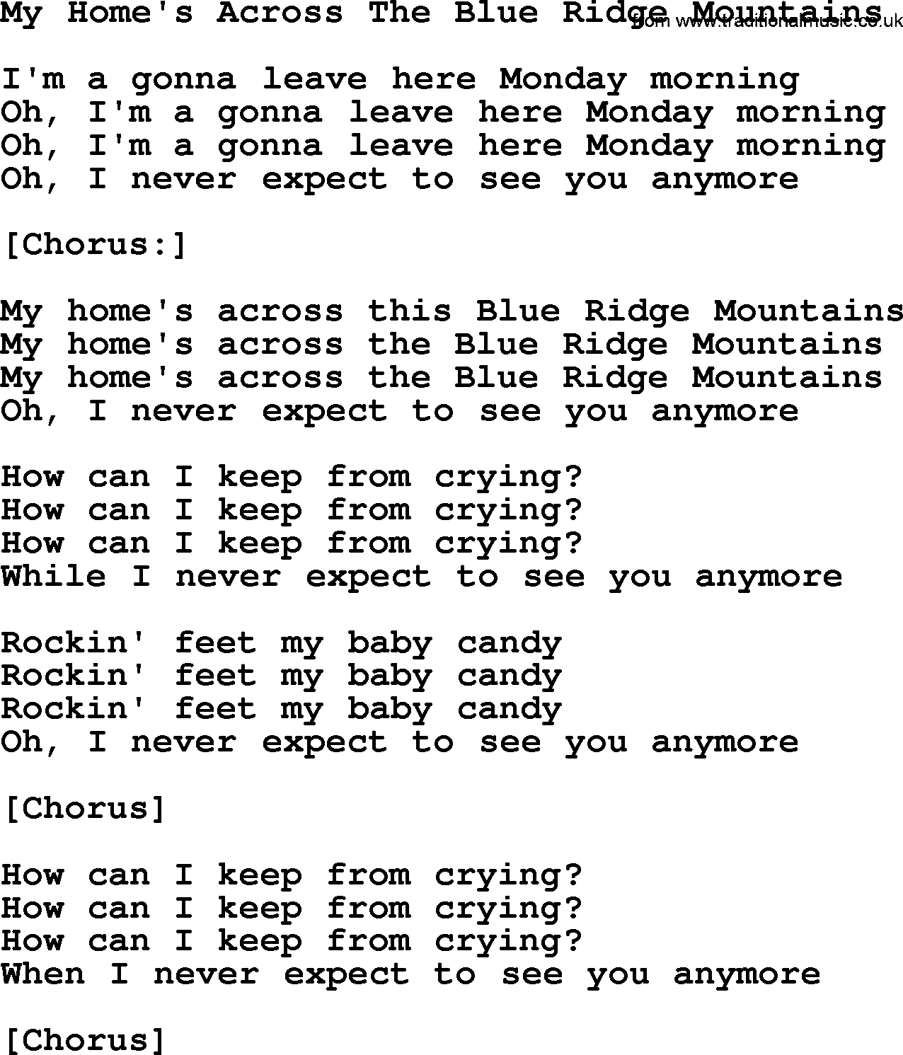 Joan Baez song My Home's Across The Blue Ridge Mountains, lyrics