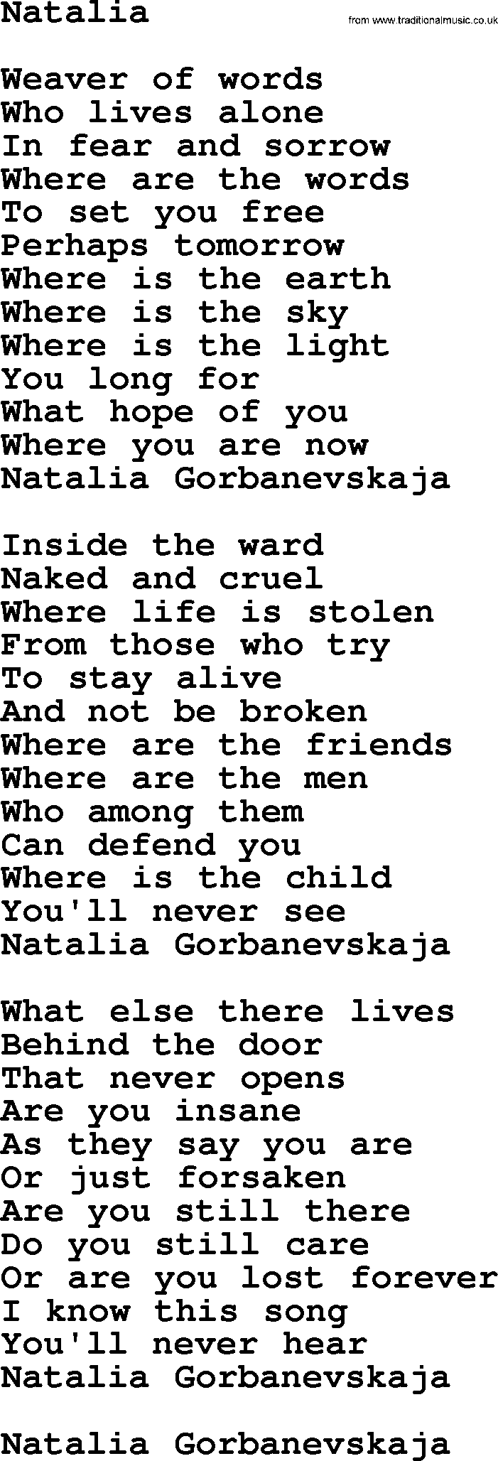 Joan Baez song Natalia, lyrics
