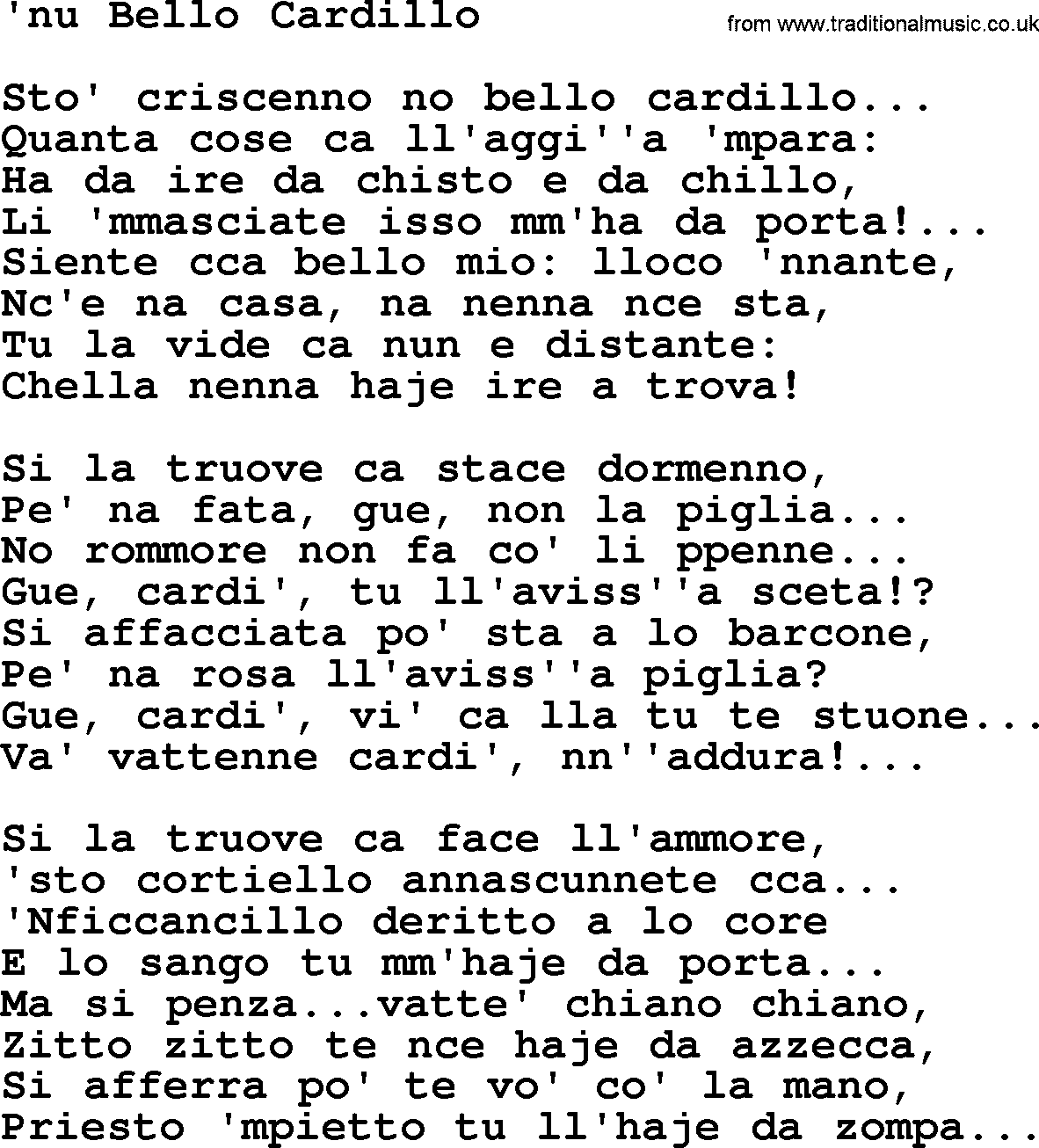 Joan Baez song Nu Bello Cardillo, lyrics