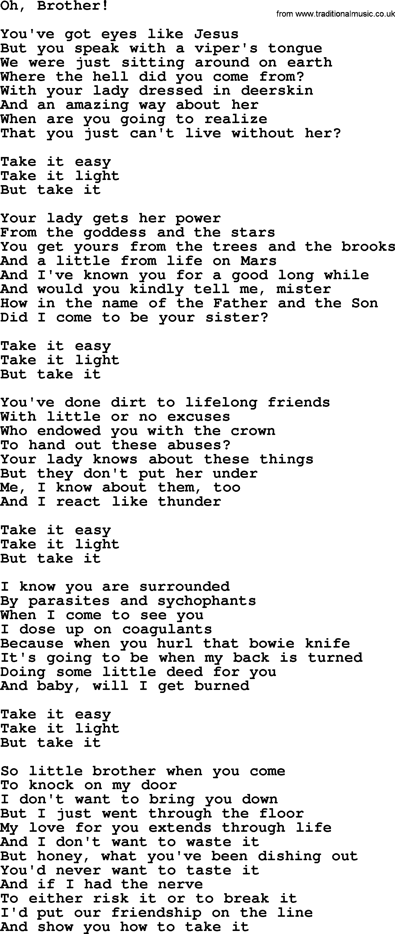 Joan Baez song Oh, Brother!, lyrics