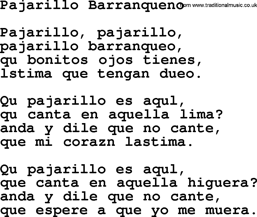 Joan Baez song Pajarillo Barranqueno, lyrics