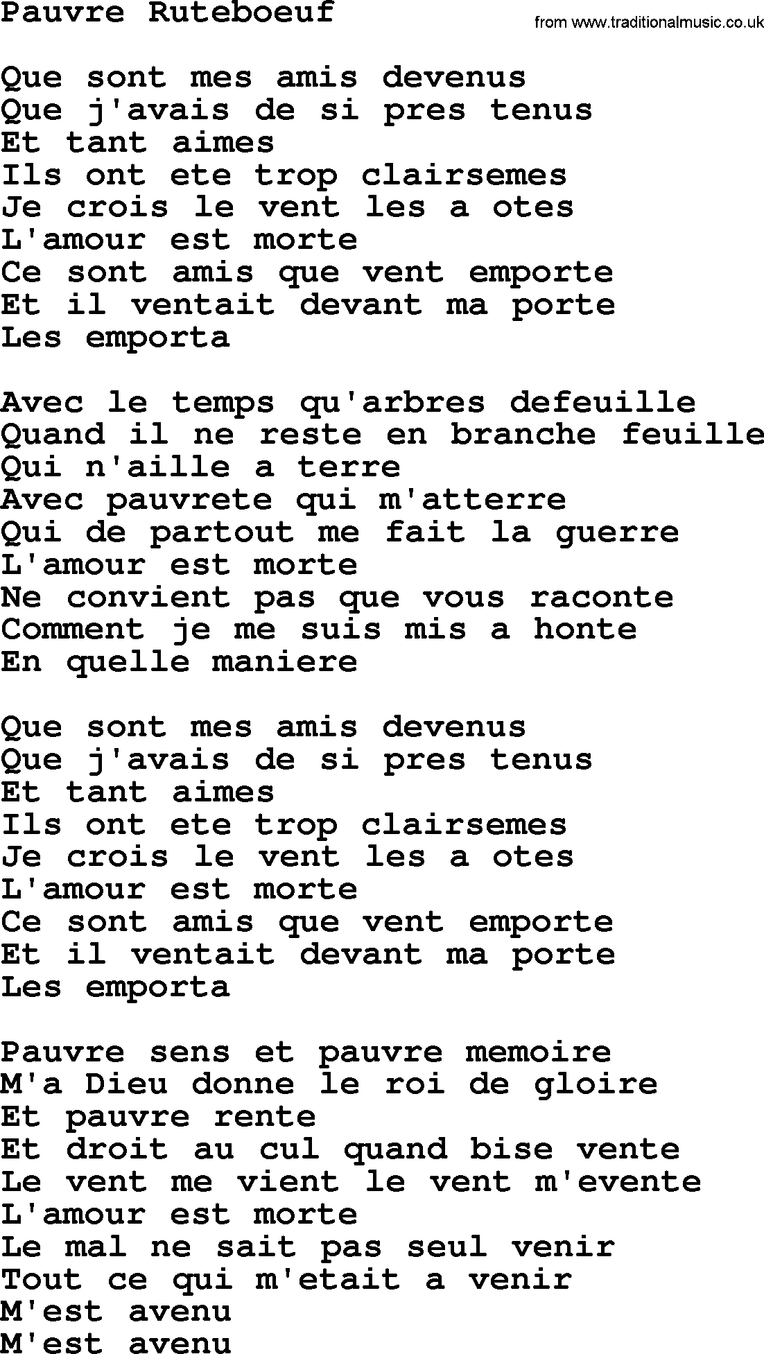 Joan Baez song Pauvre Ruteboeuf, lyrics