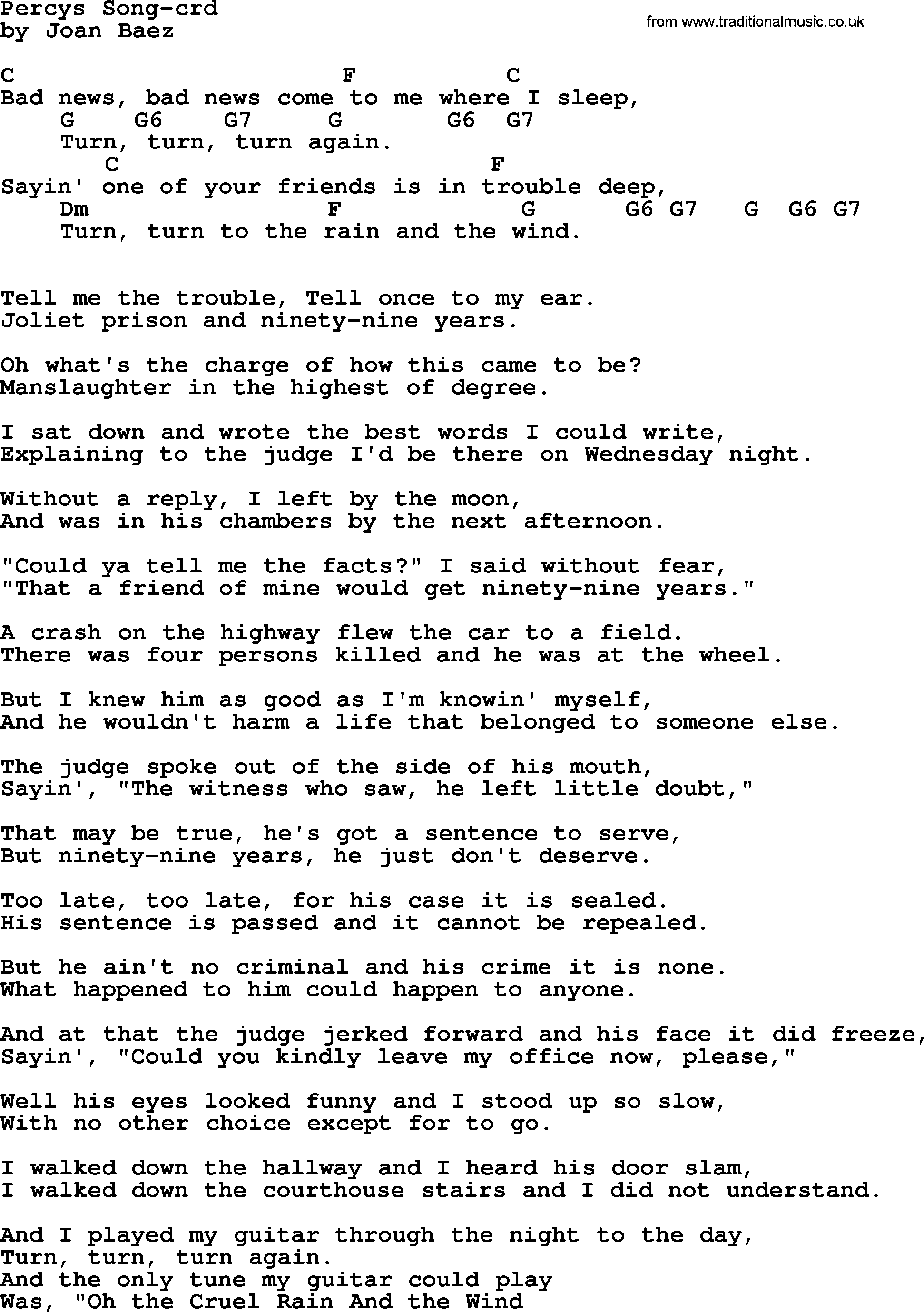 Joan Baez song Percys Song lyrics and chords