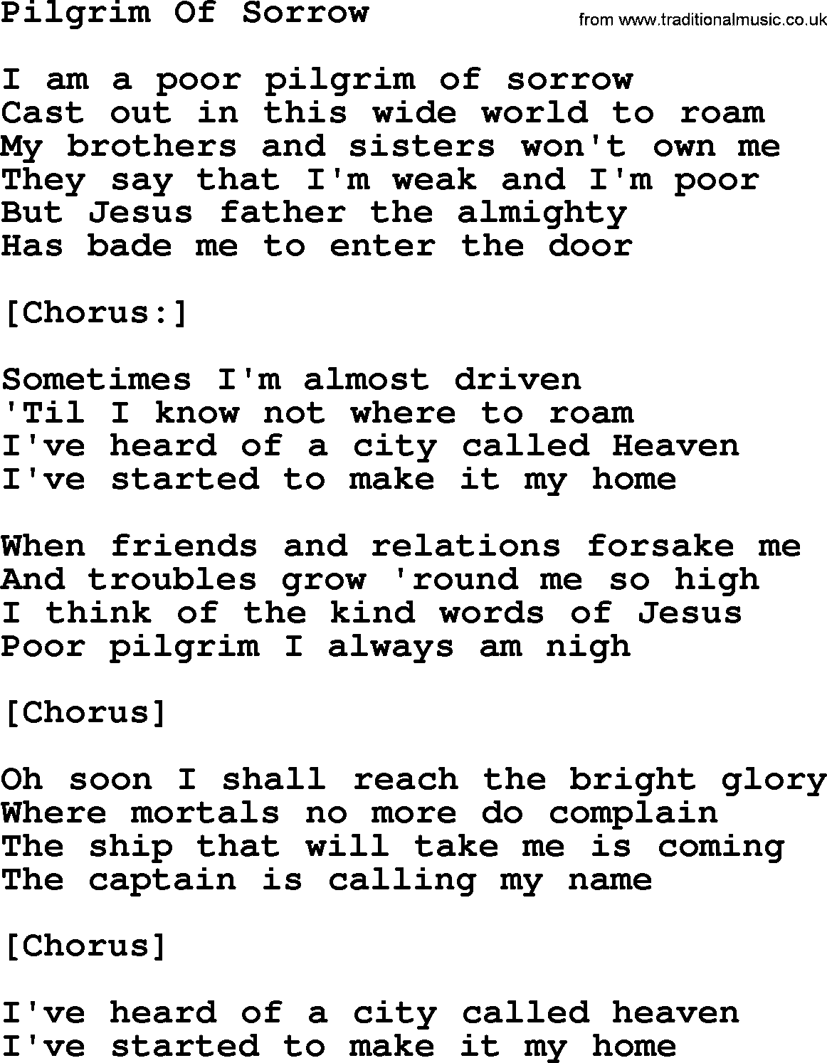 Joan Baez song Pilgrim Of Sorrow, lyrics