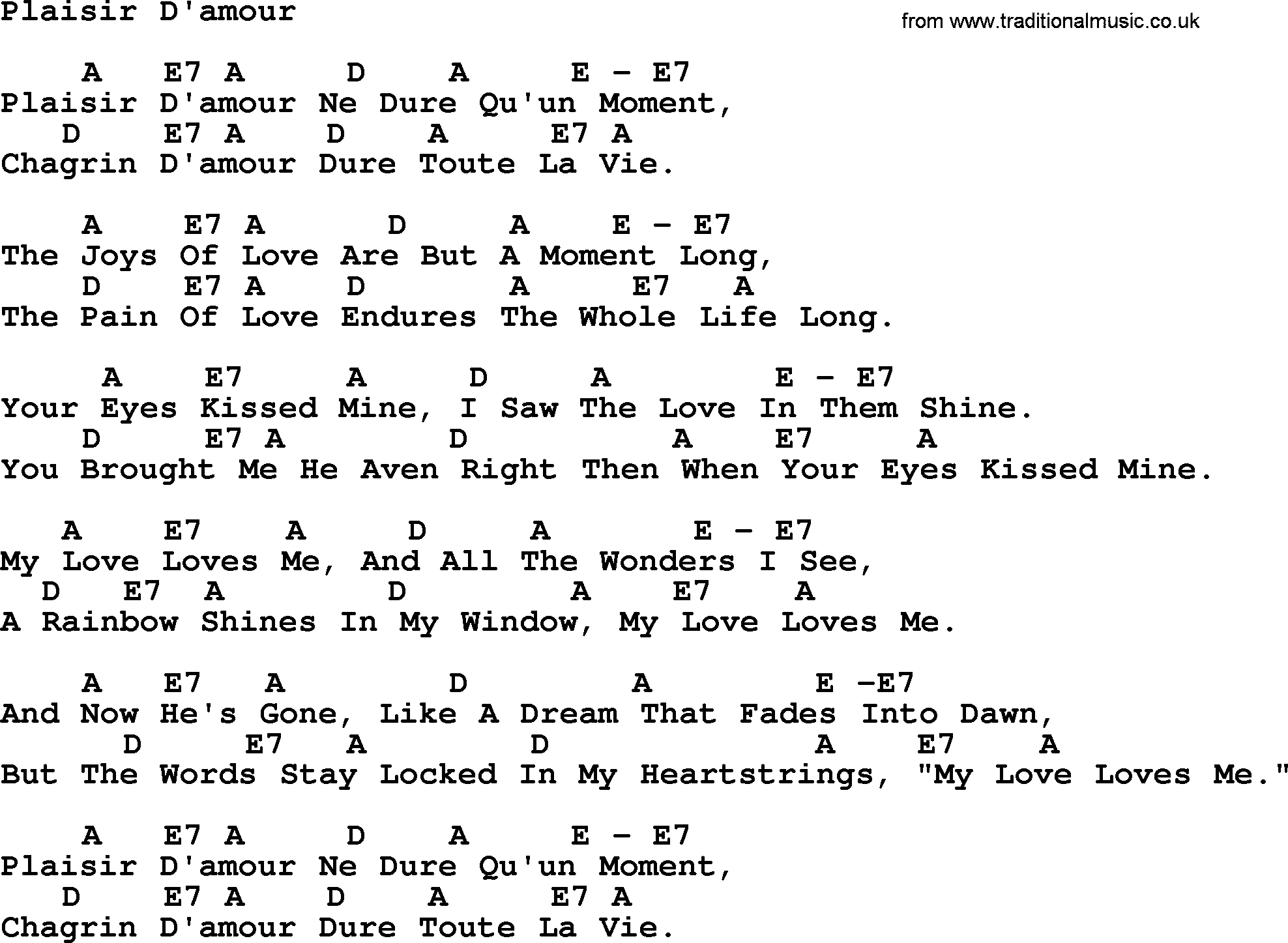 Joan Baez song Plaisir Damour lyrics and chords