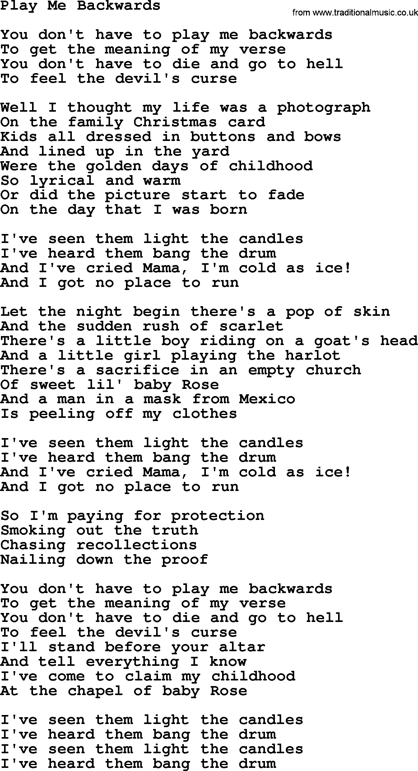 Joan Baez song Play Me Backwards, lyrics