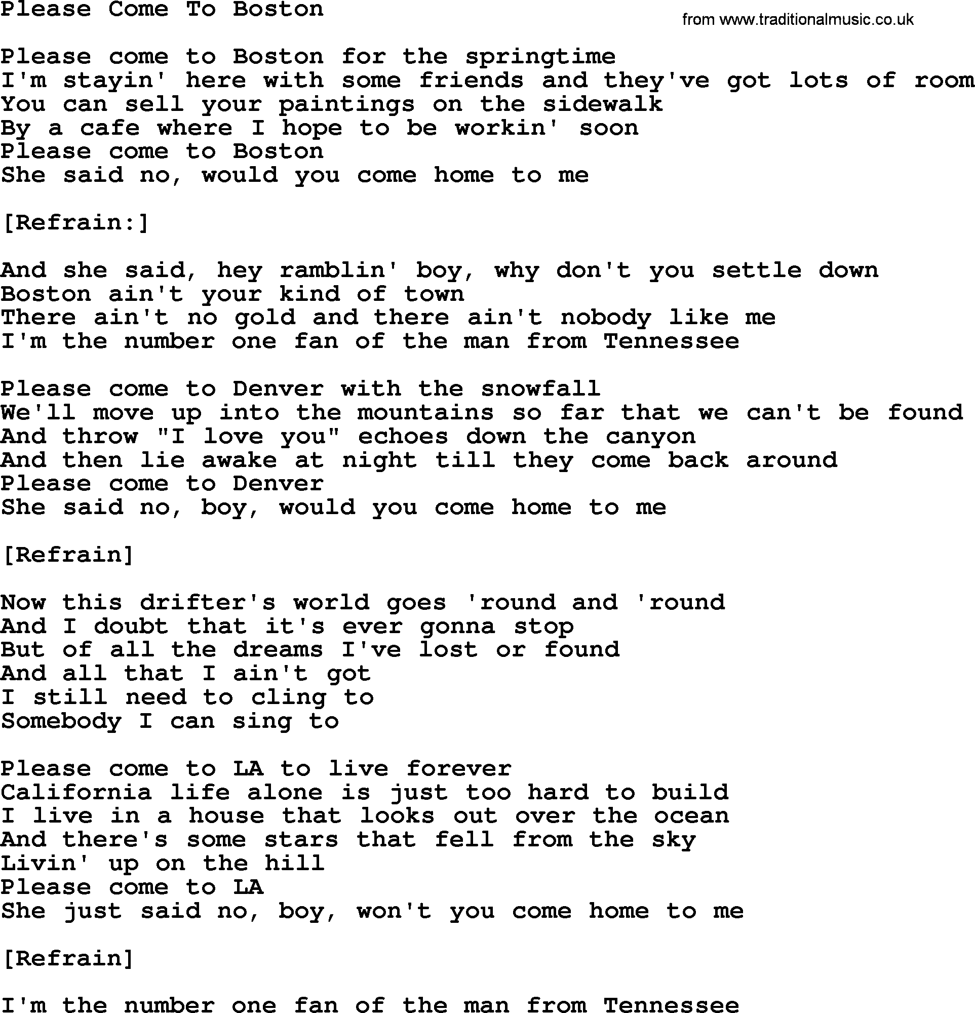 Joan Baez song Please Come To Boston, lyrics