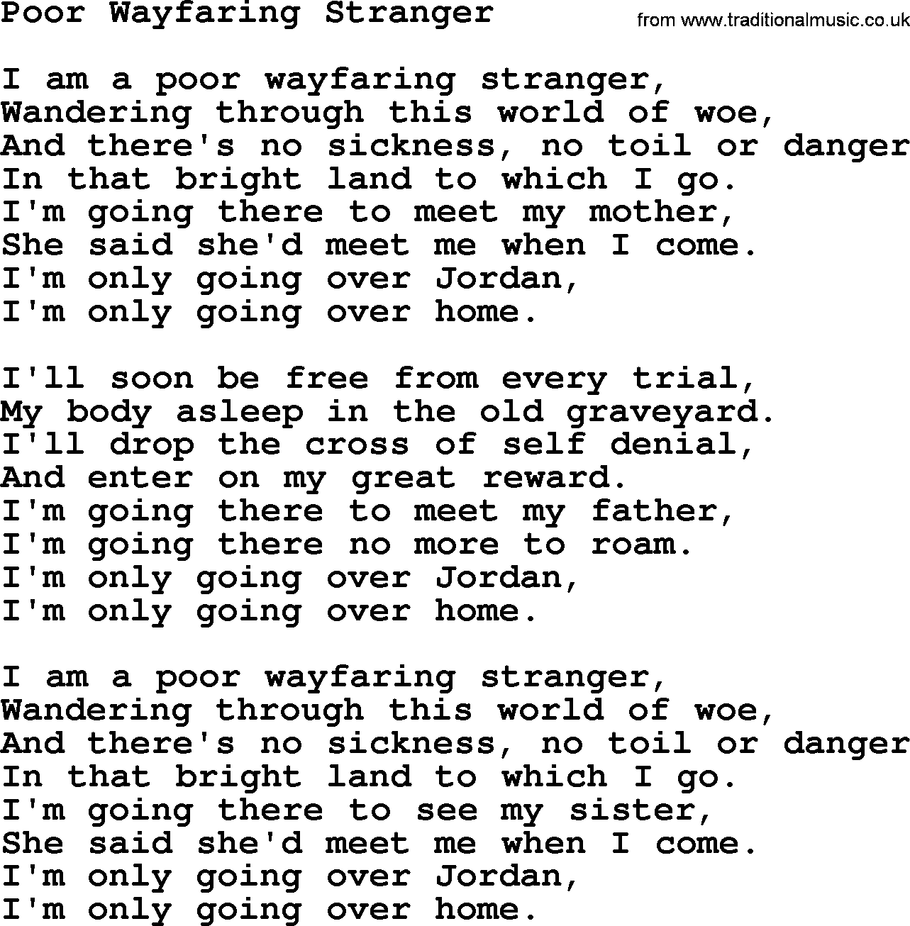 Joan Baez song Poor Wayfaring Stranger, lyrics