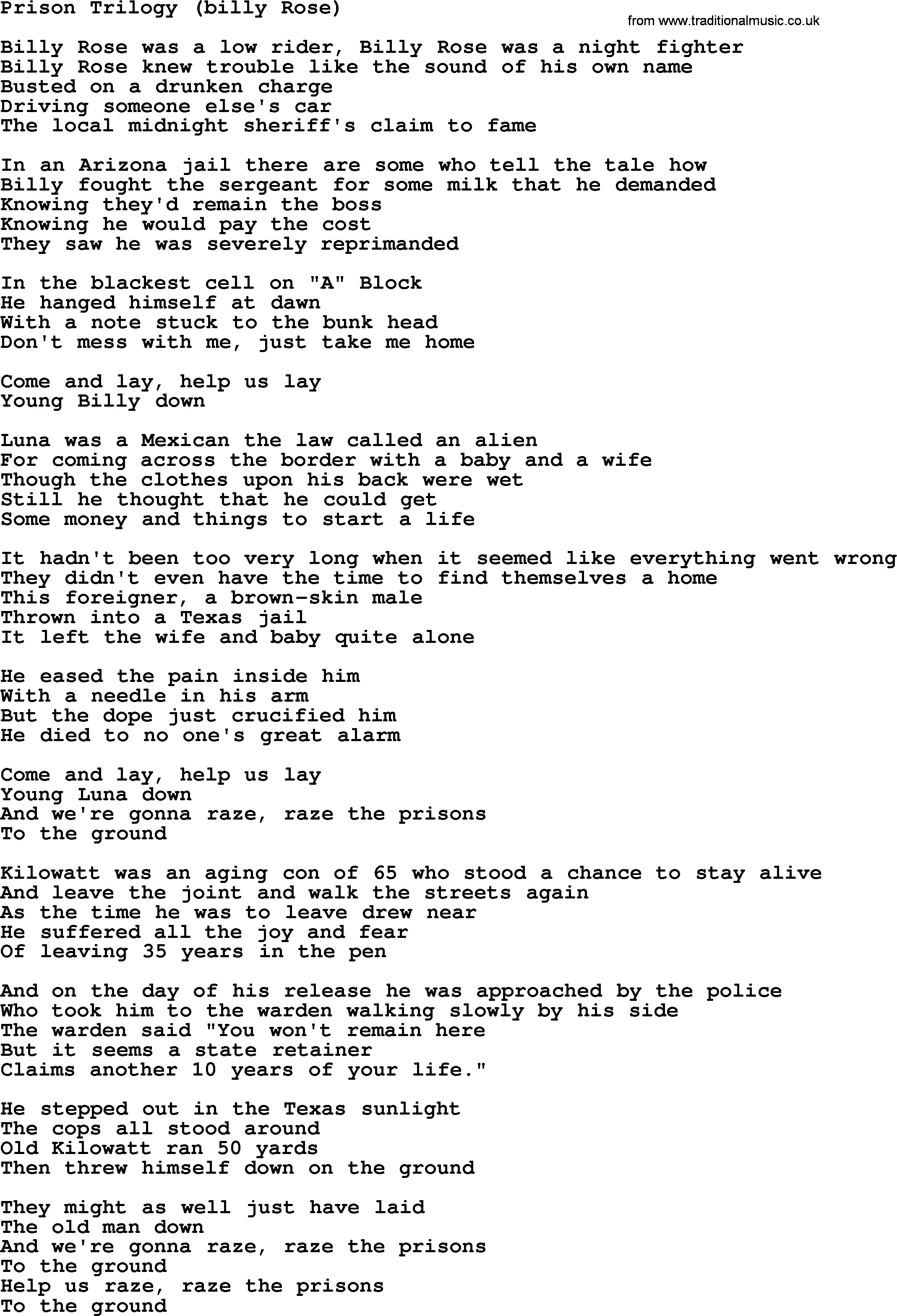 Joan Baez song Prison Trilogy(Billy Rose), lyrics
