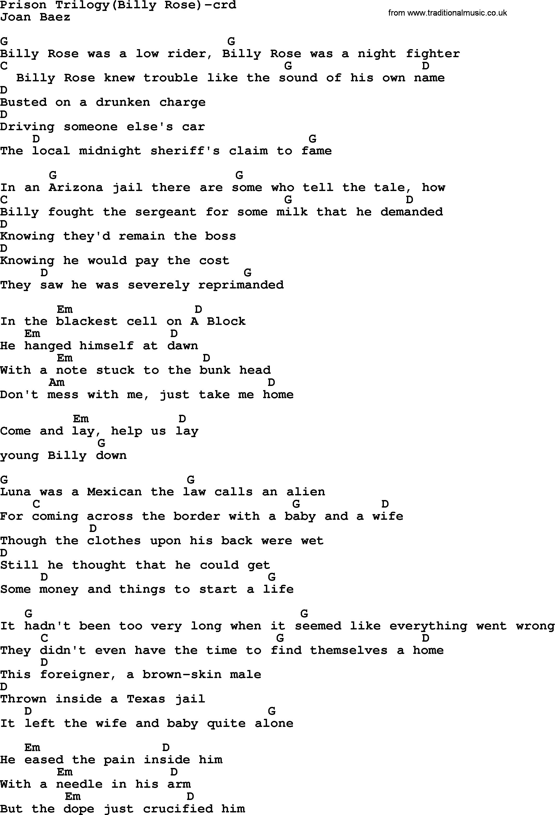 Joan Baez song Prison Trilogy Billy Rose lyrics and chords