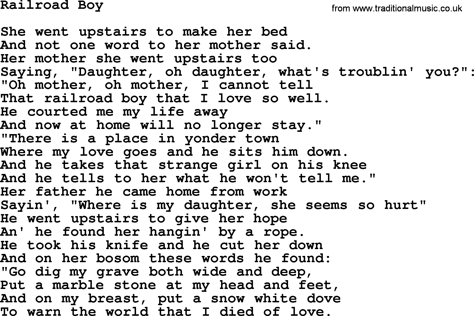 Joan Baez song Railroad Boy, lyrics