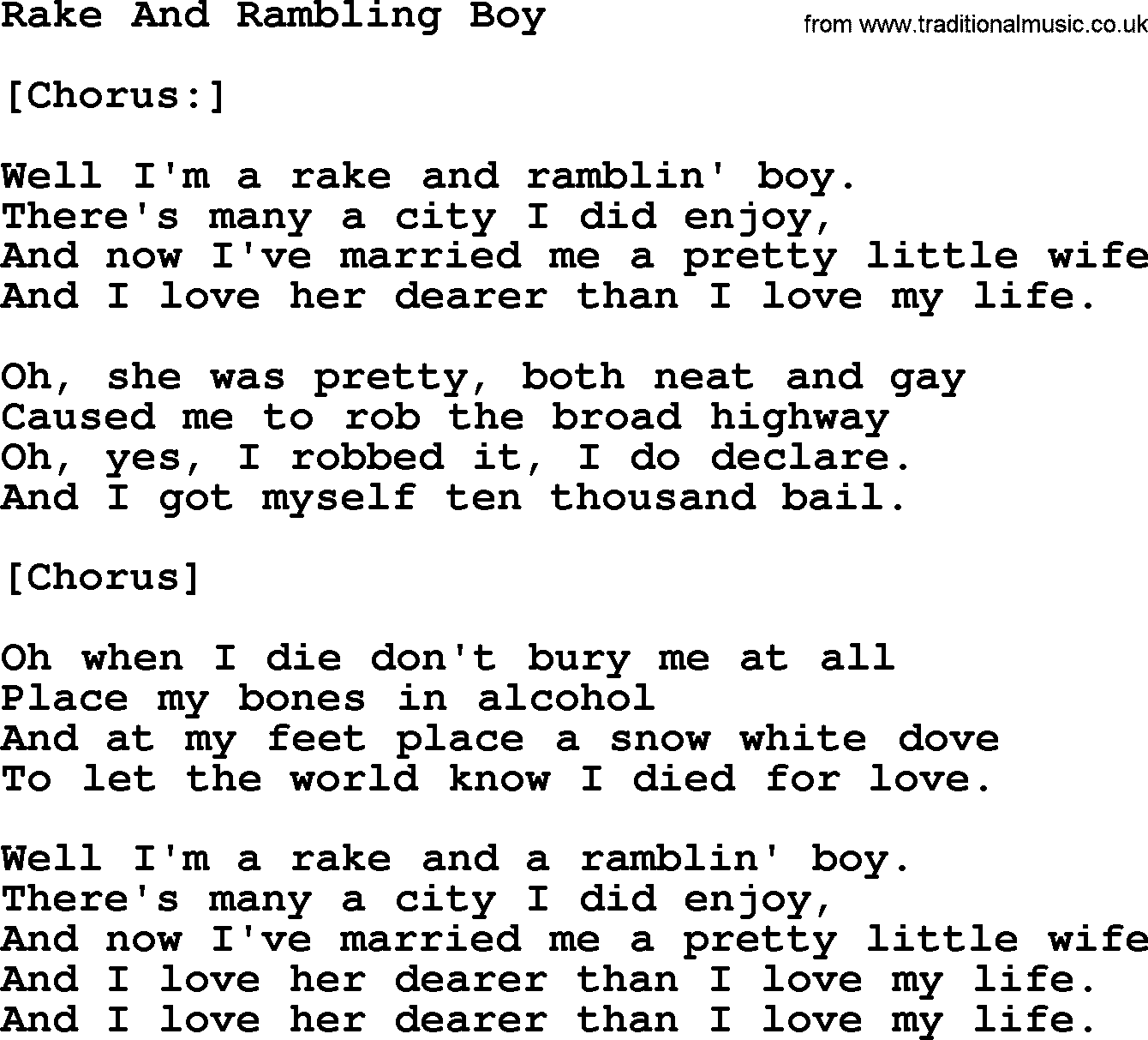 Joan Baez song Rake And Rambling Boy, lyrics