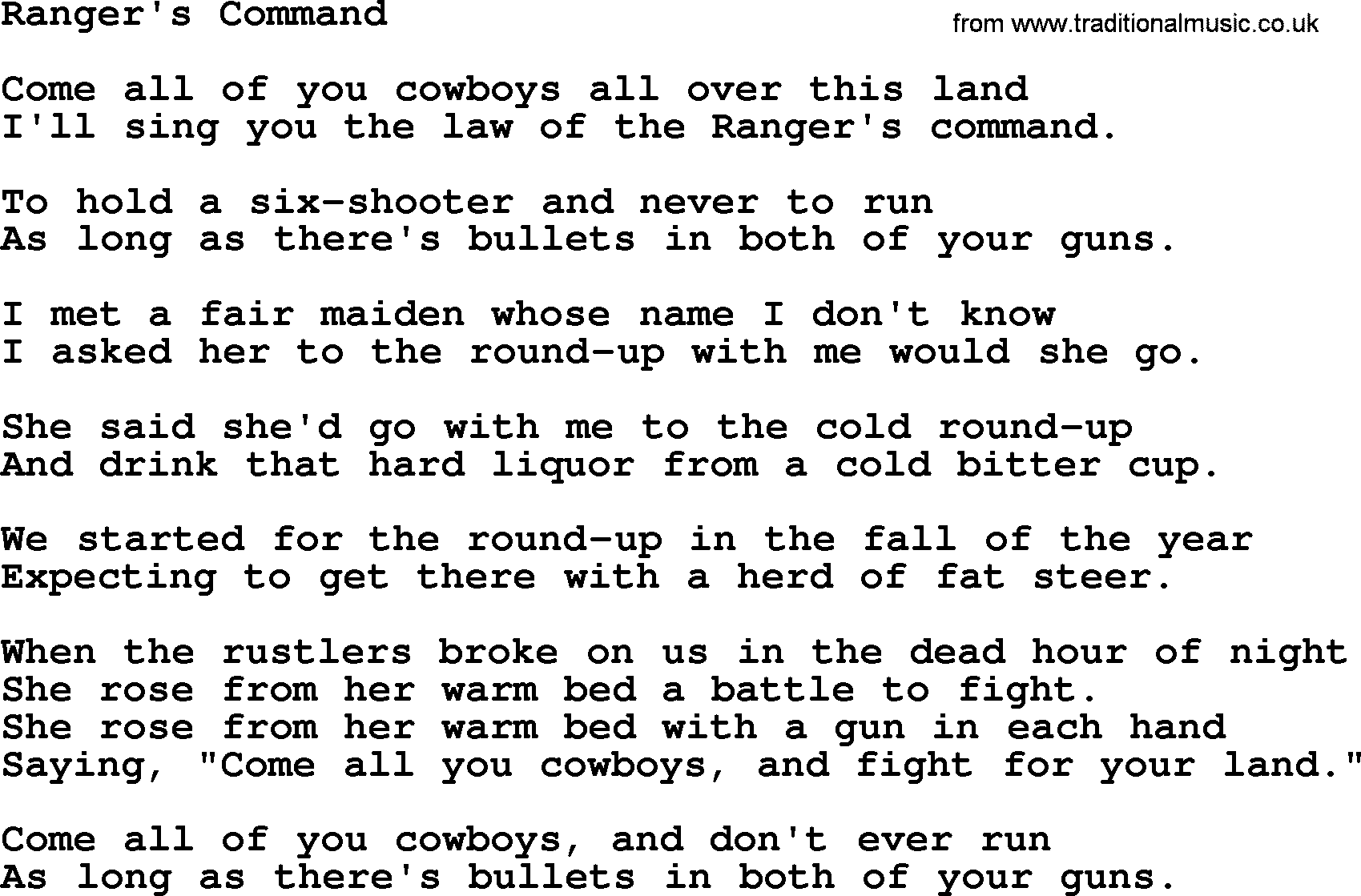 Joan Baez song Ranger's Command, lyrics