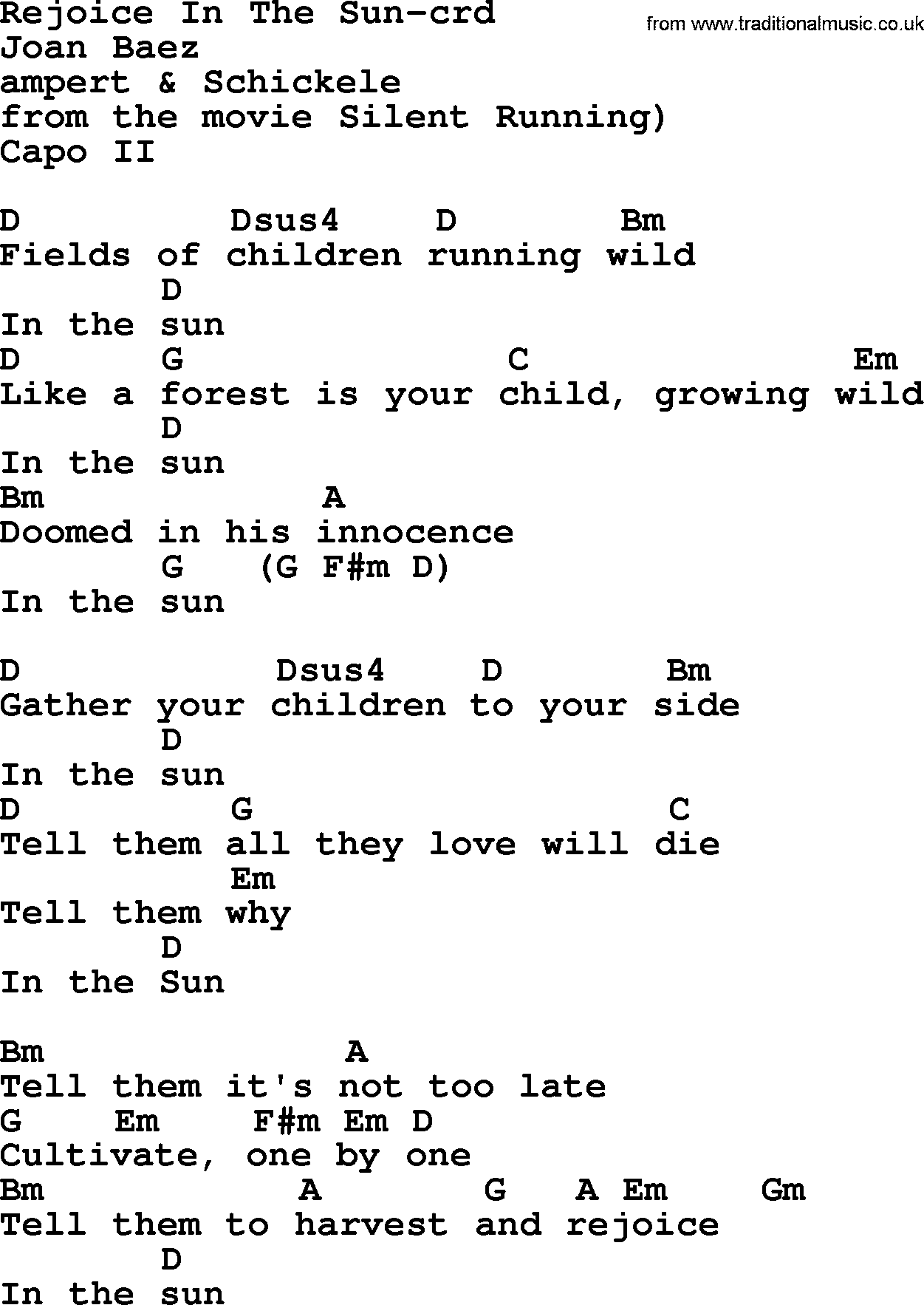 Joan Baez song Rejoice In The Sun lyrics and chords