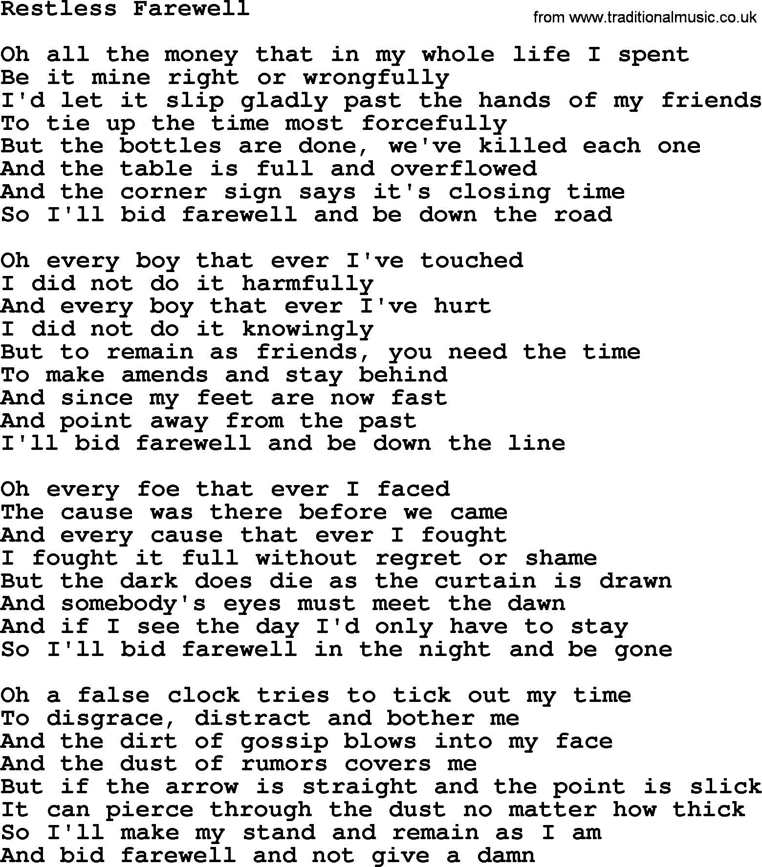 Joan Baez song Restless Farewell, lyrics
