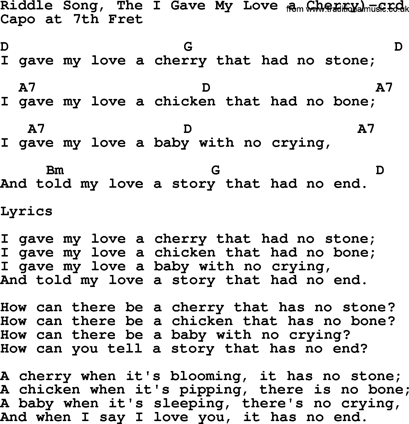 Joan Baez song Riddle Song, The I Gave My Love A Cherry lyrics and chords