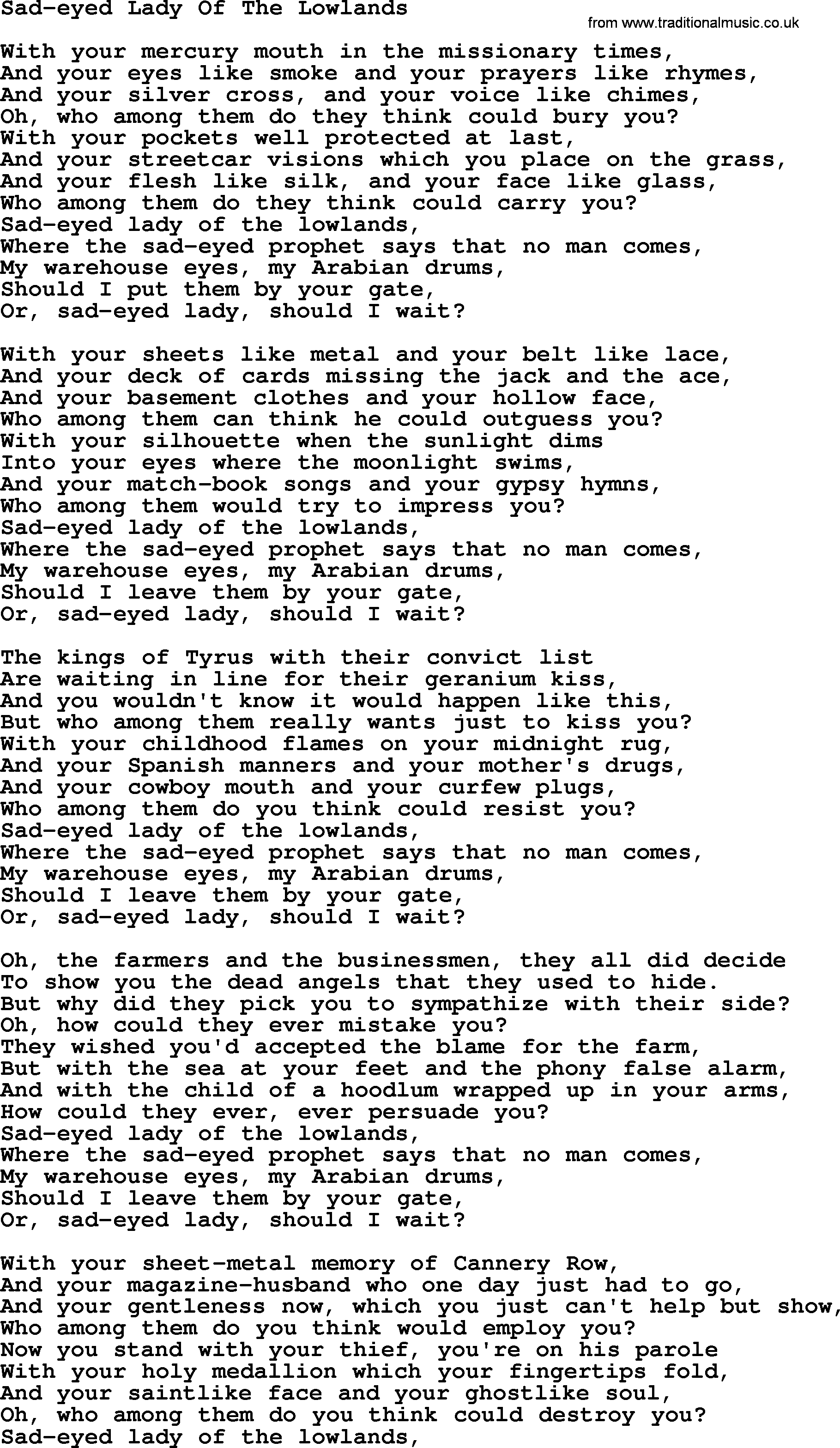 Joan Baez song Sad-eyed Lady Of The Lowlands, lyrics