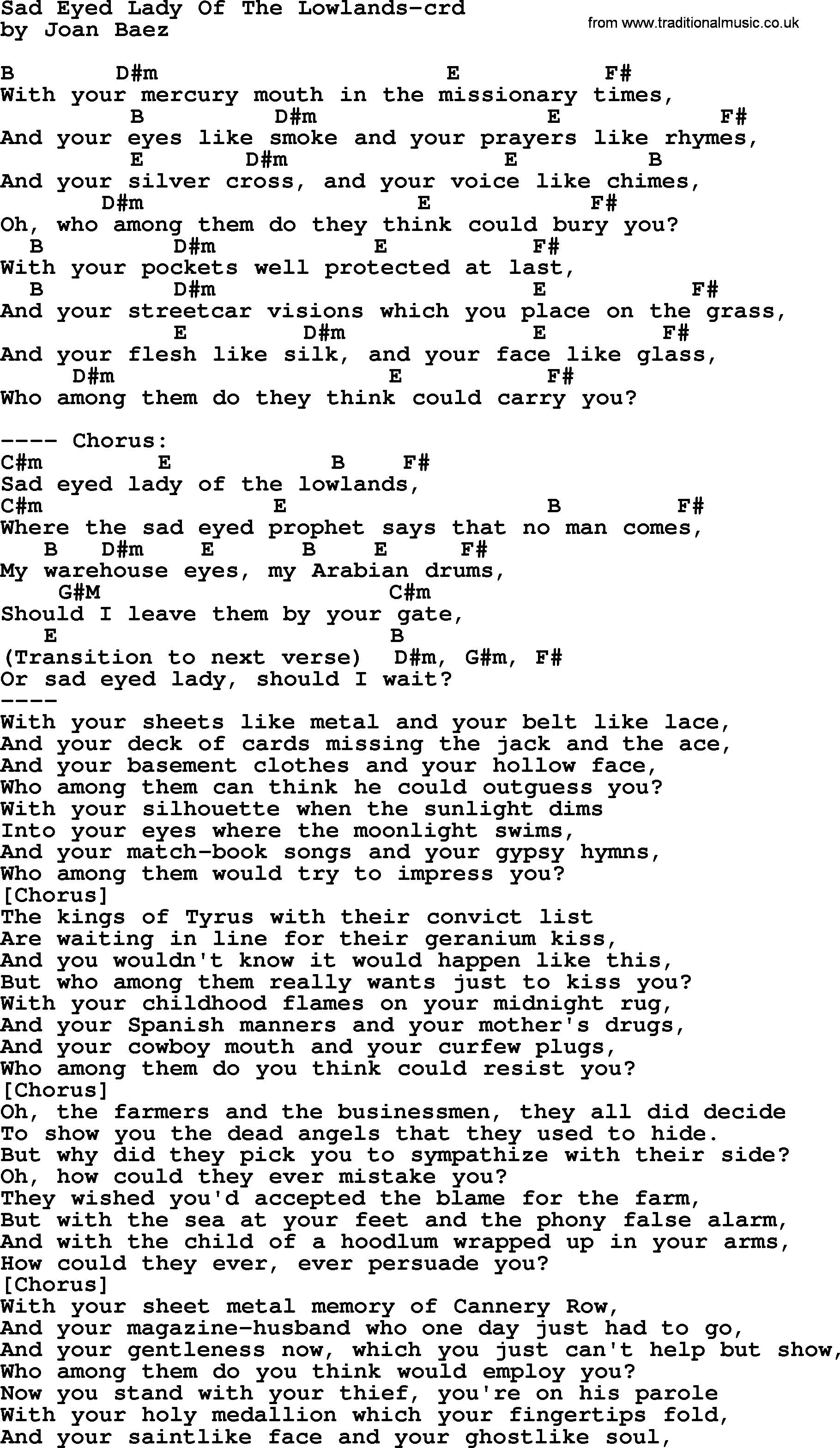 Joan Baez song Sad Eyed Lady Of The Lowlands lyrics and chords