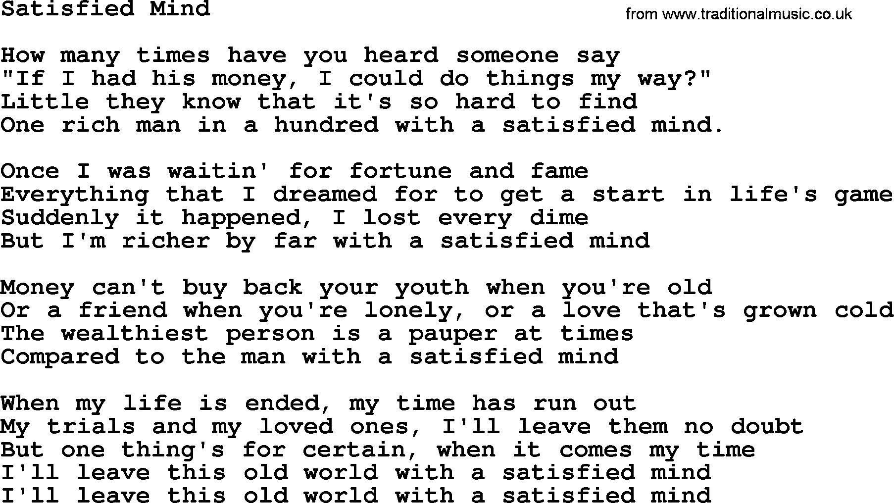 Joan Baez song Satisfied Mind, lyrics