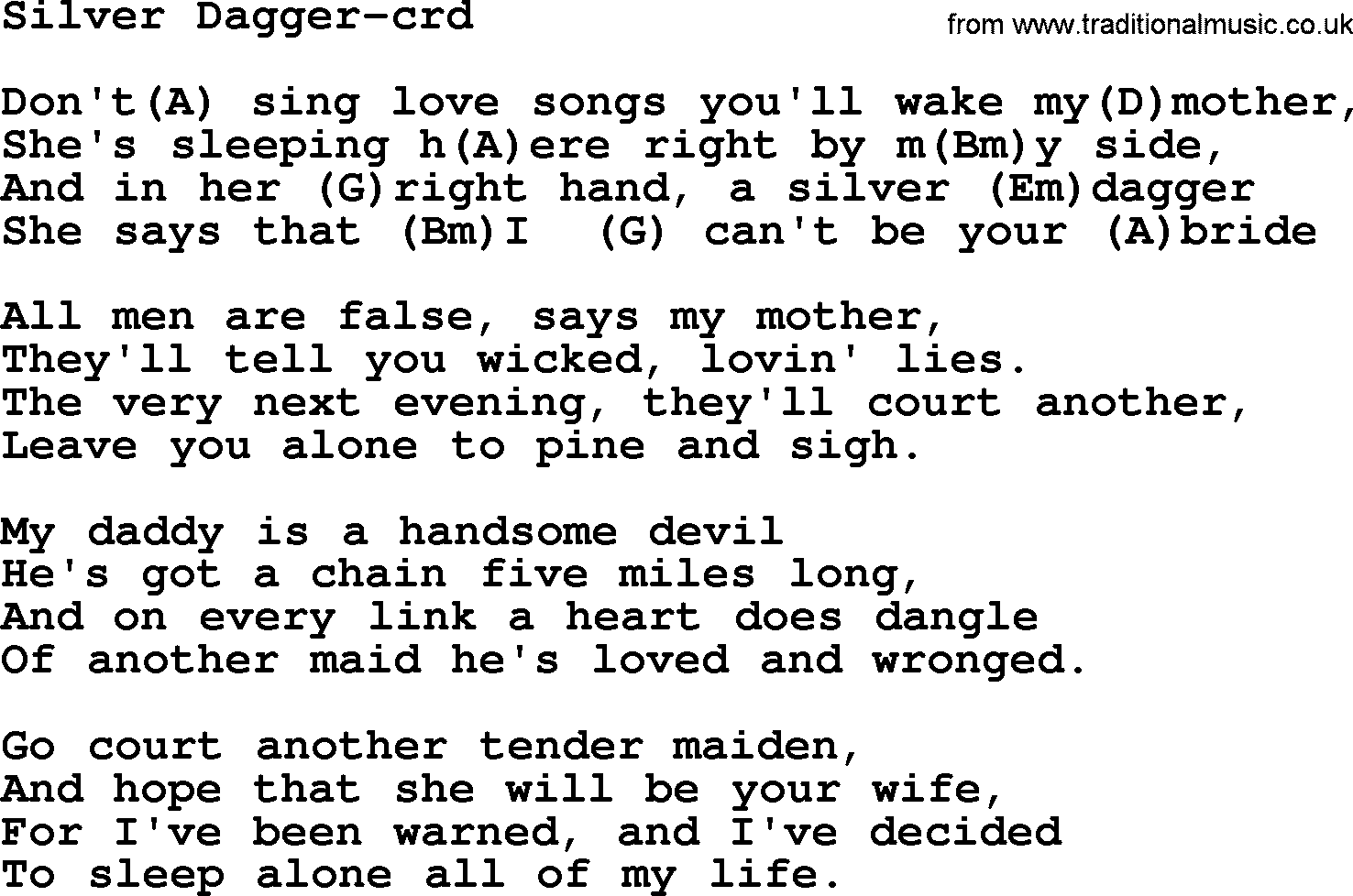 Joan Baez song Silver Dagger lyrics and chords