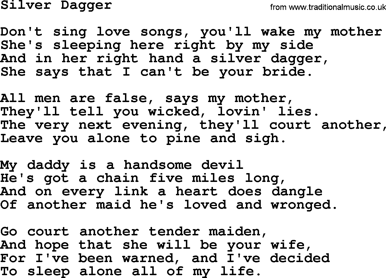 Joan Baez song Silver Dagger, lyrics