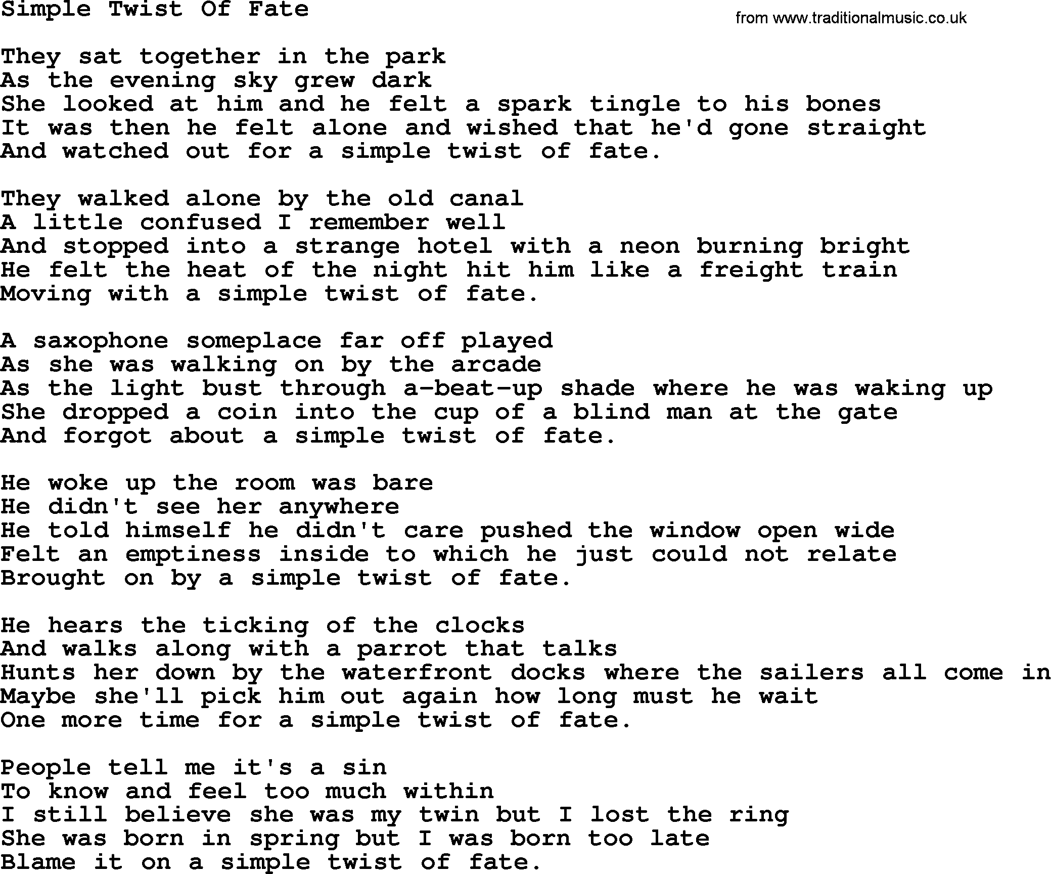 Joan Baez song Simple Twist Of Fate, lyrics