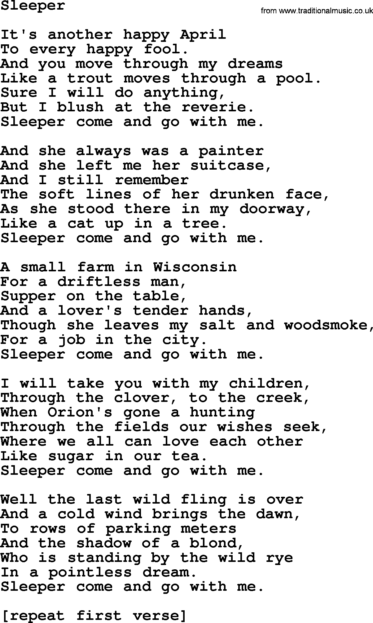 Joan Baez song Sleeper, lyrics