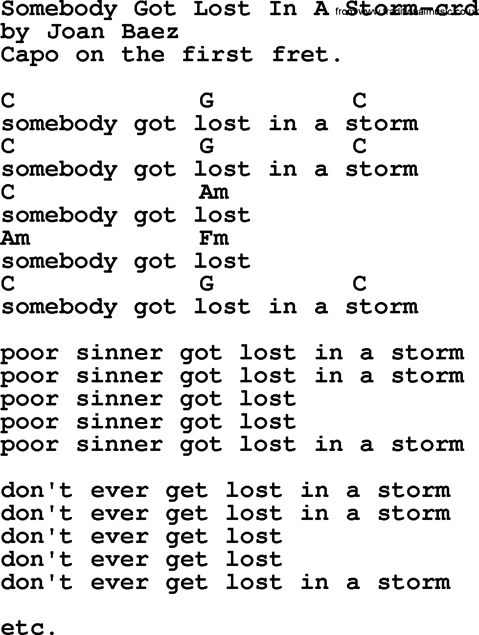 Joan Baez song Somebody Got Lost In A Storm lyrics and chords