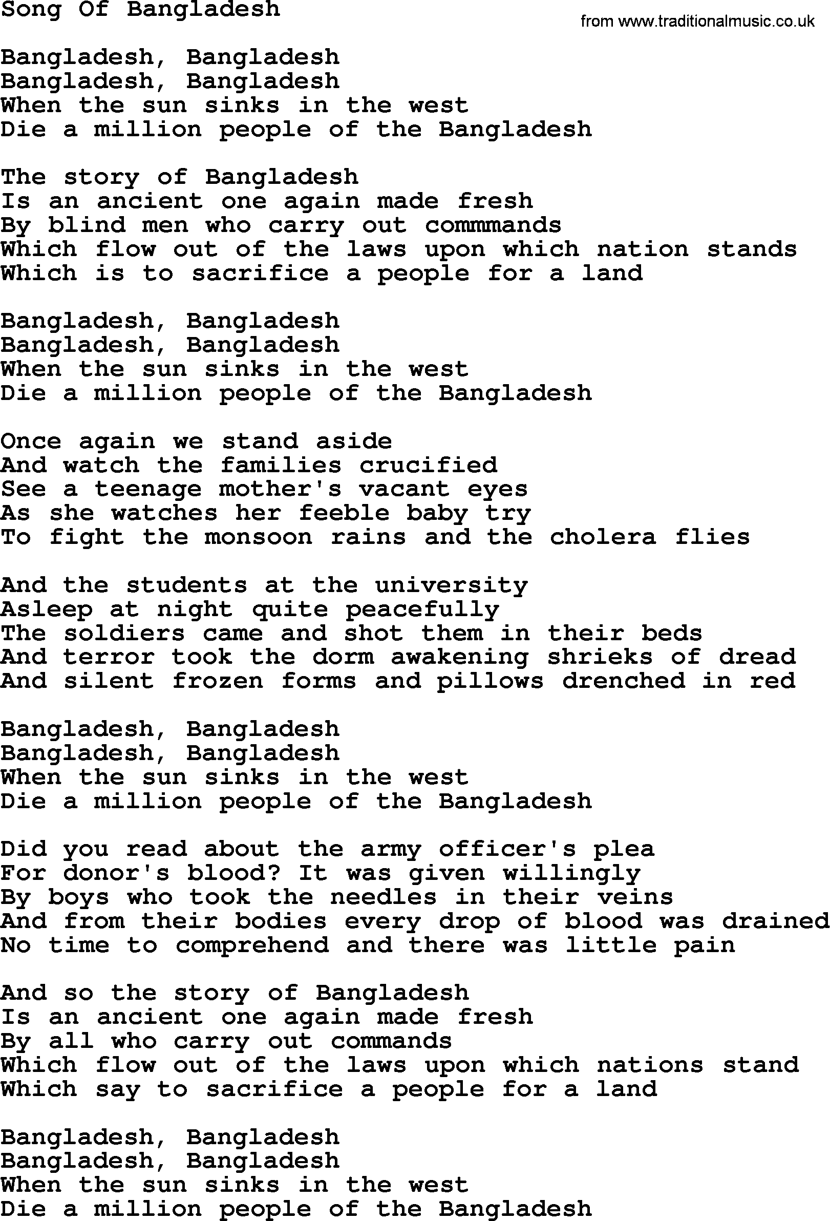 Joan Baez song Song Of Bangladesh, lyrics