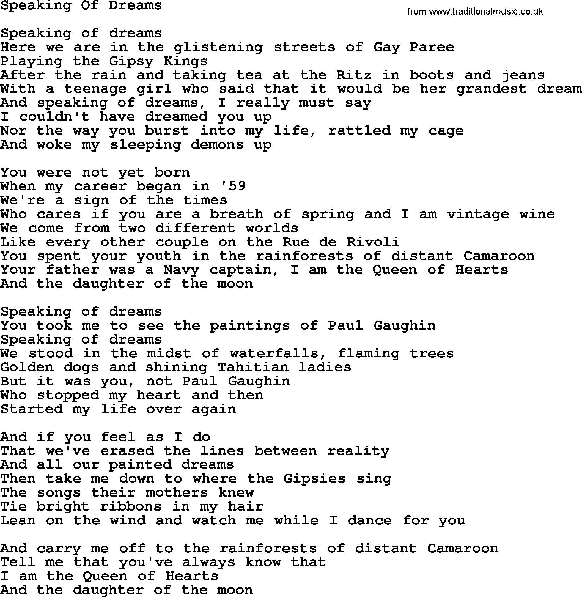 Joan Baez song Speaking Of Dreams, lyrics