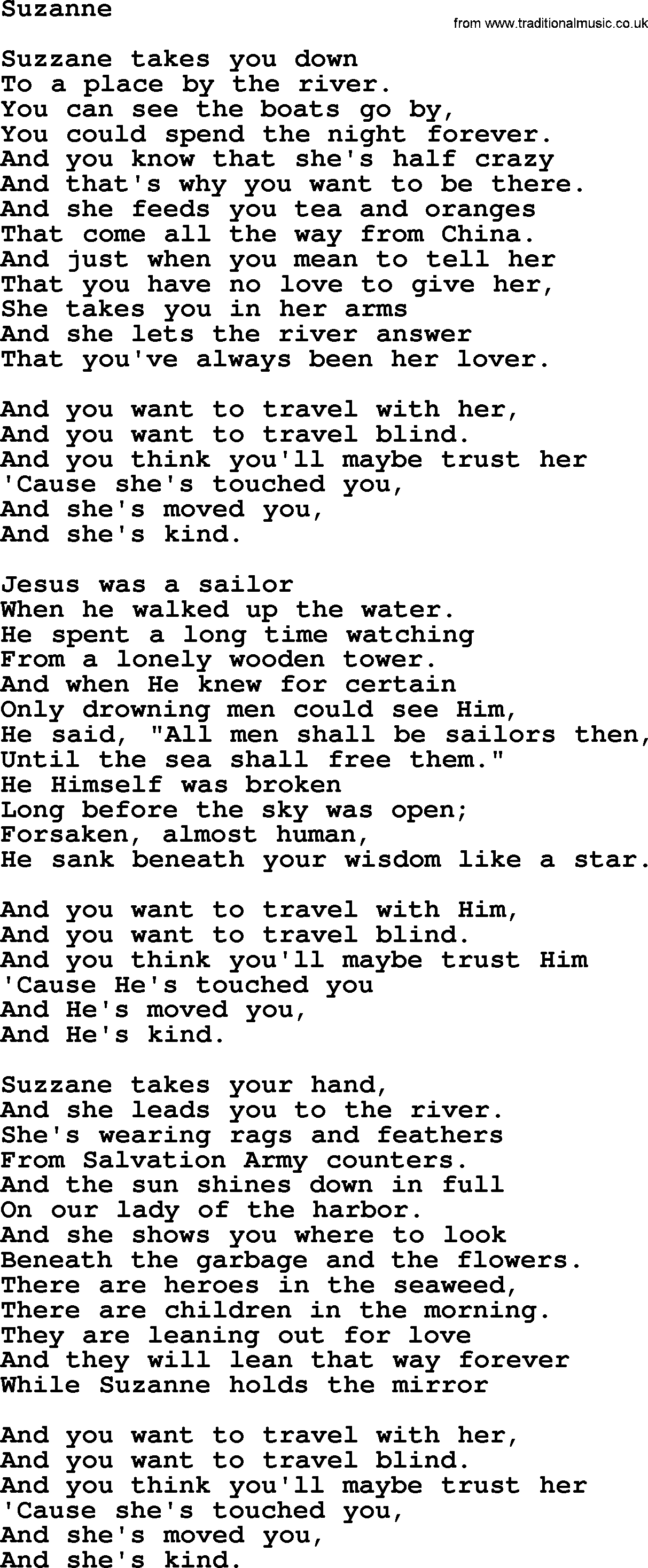 Joan Baez song Suzanne, lyrics